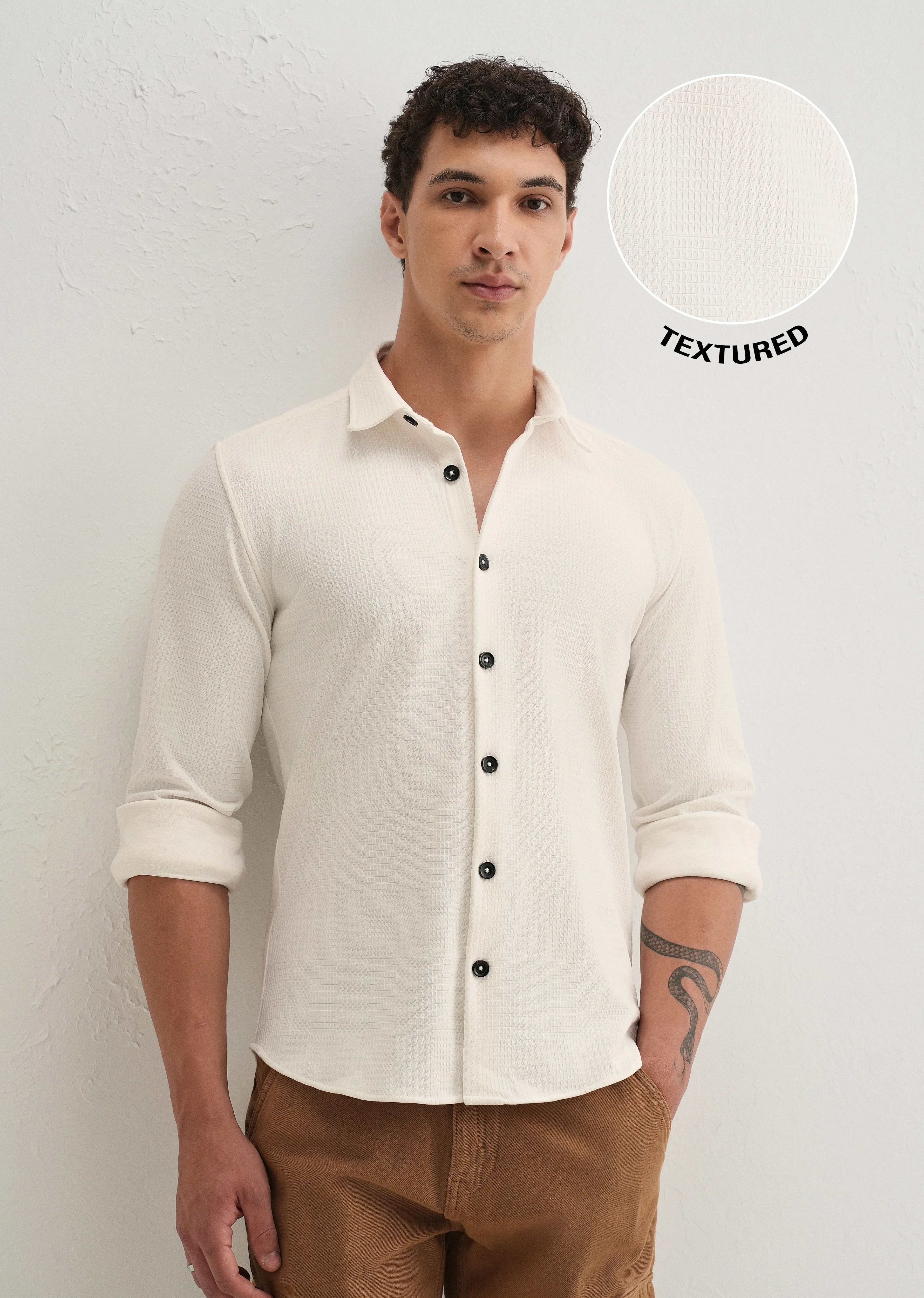 White Grid Textured Knit Shirt - Image 7