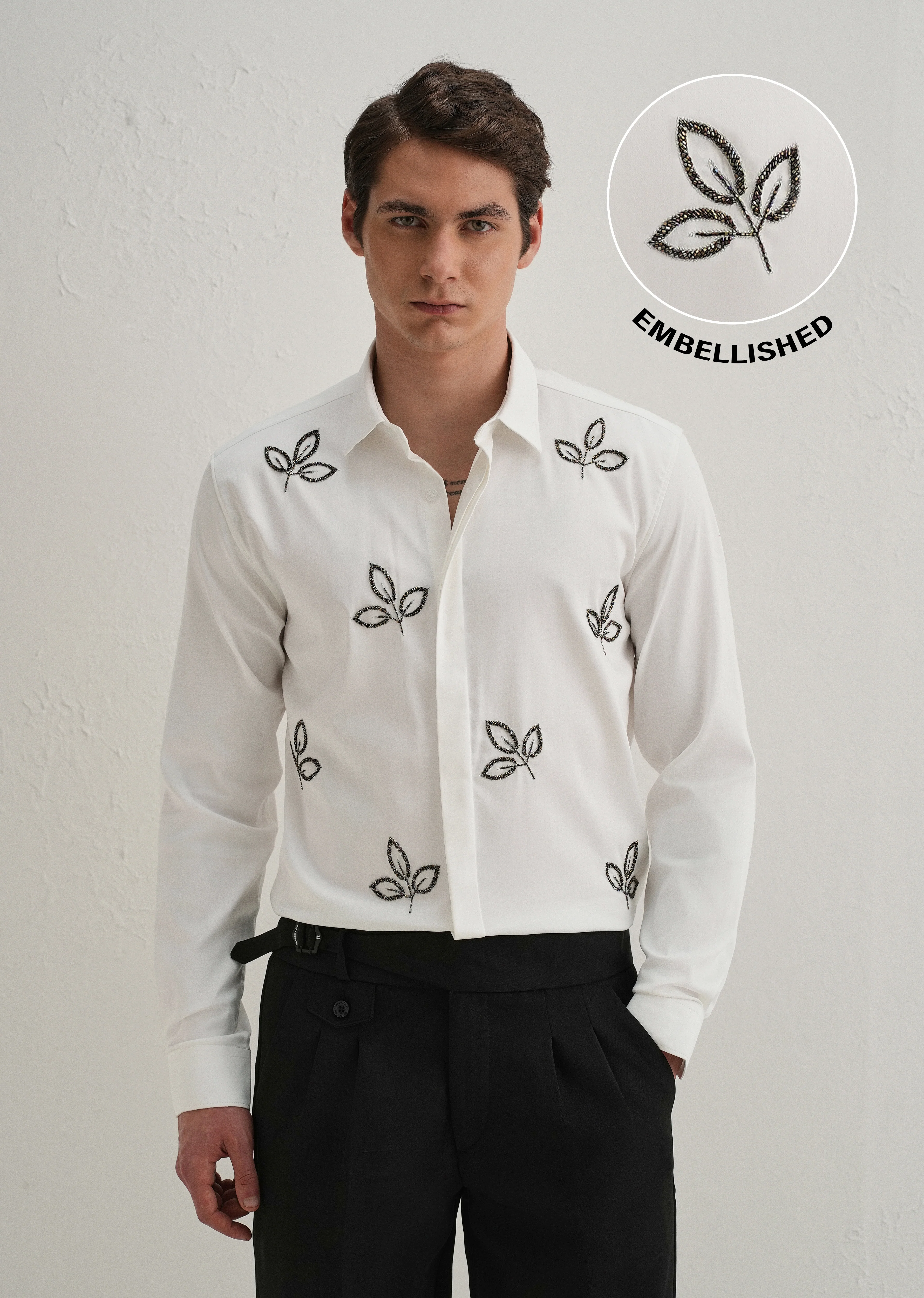 White Handcrafted Leaf Designer Shirt - Image 2