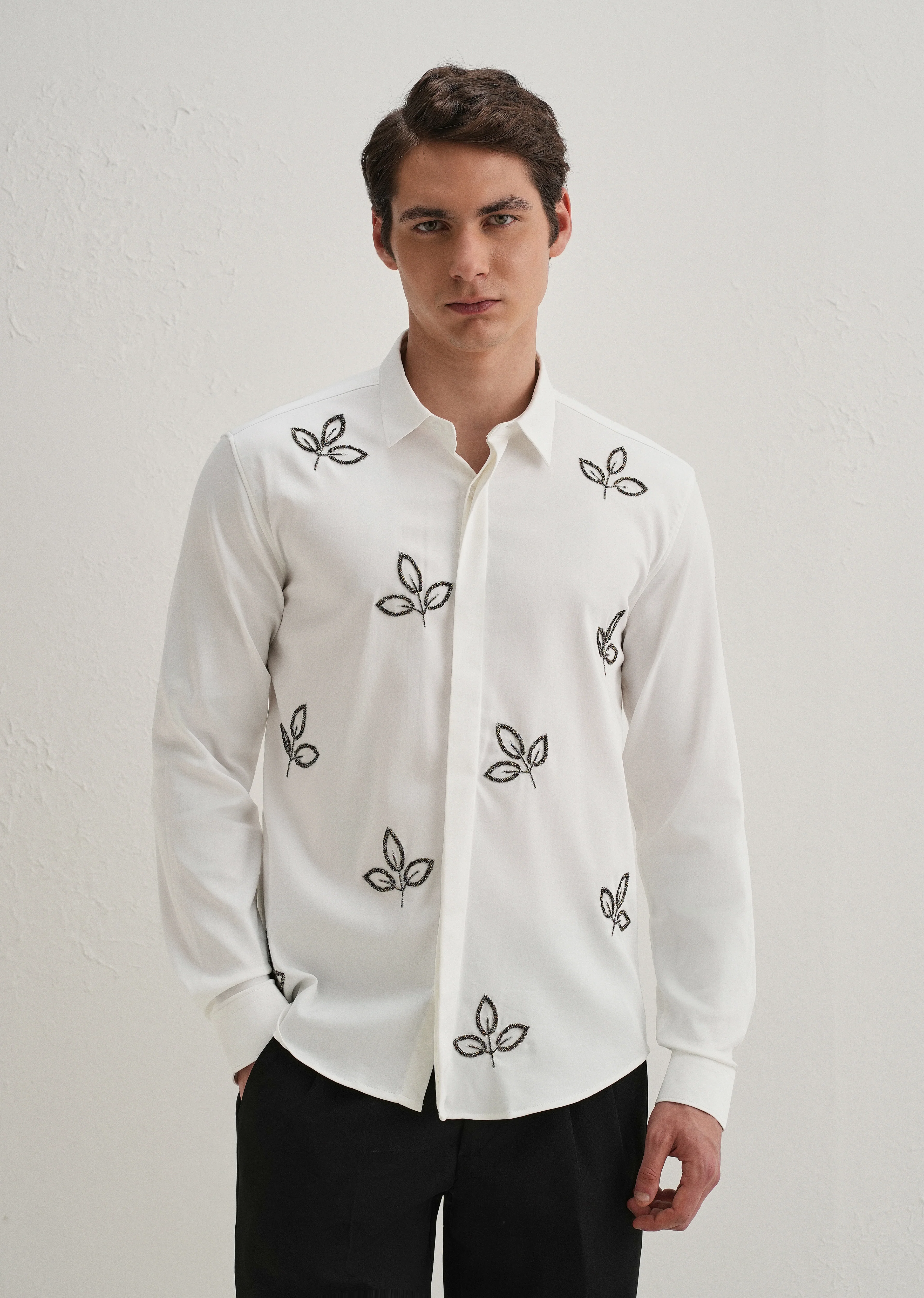 White Handcrafted Leaf Designer Shirt - Image 4