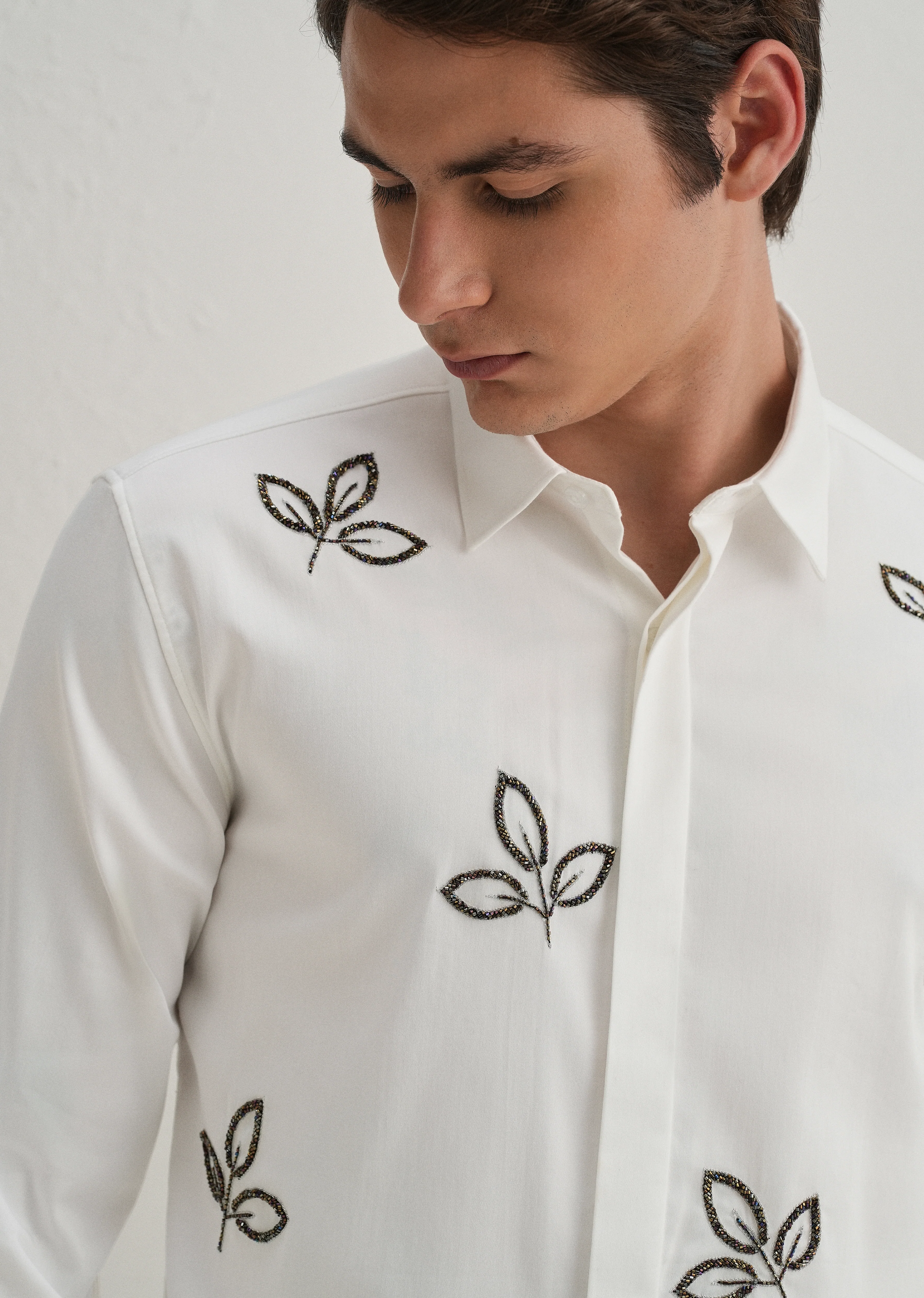 White Handcrafted Leaf Designer Shirt - Image 6