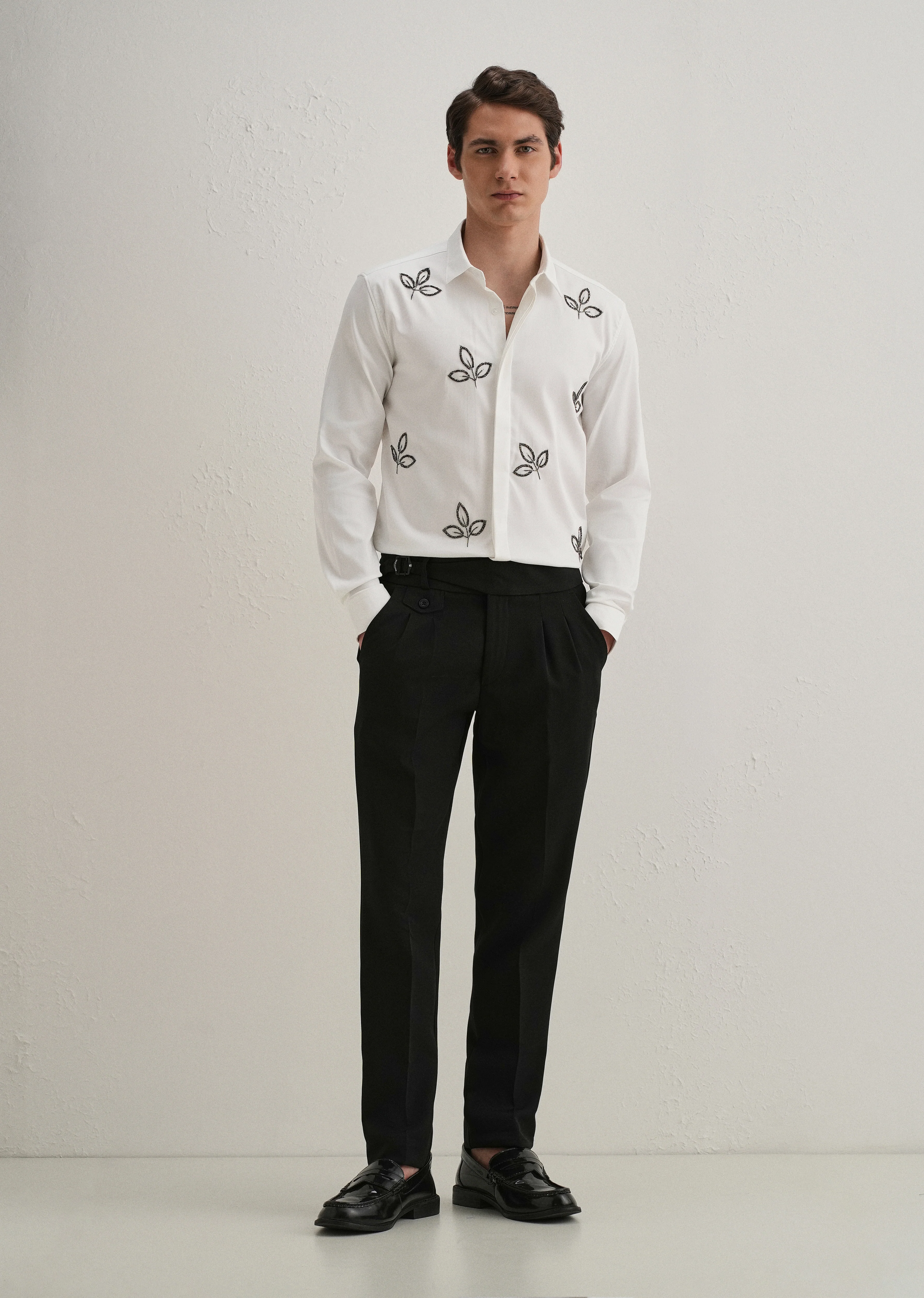 White Handcrafted Leaf Designer Shirt - Image 7