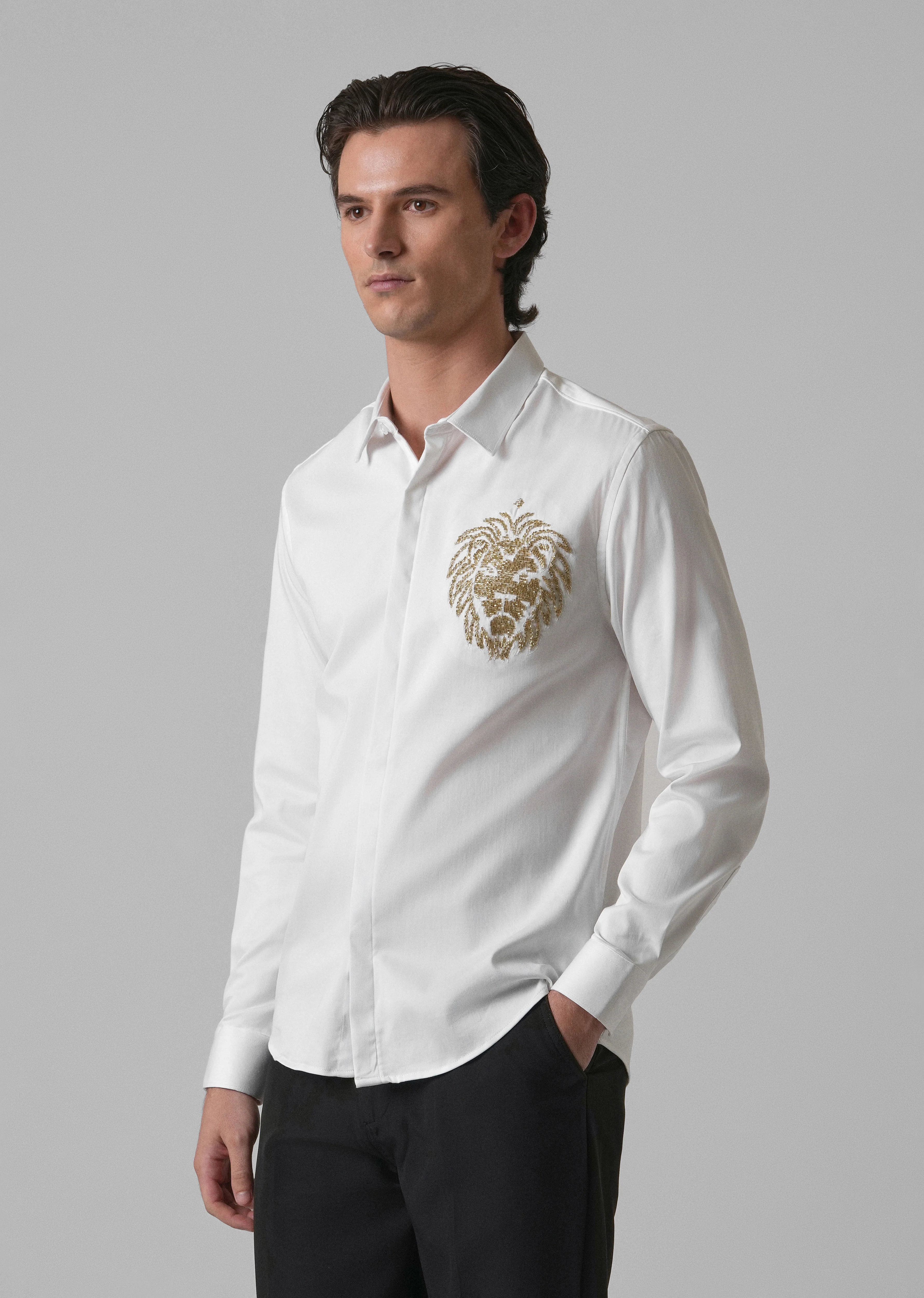 White Handcrafted Lion Embroidery Designer Shirt - Image 4