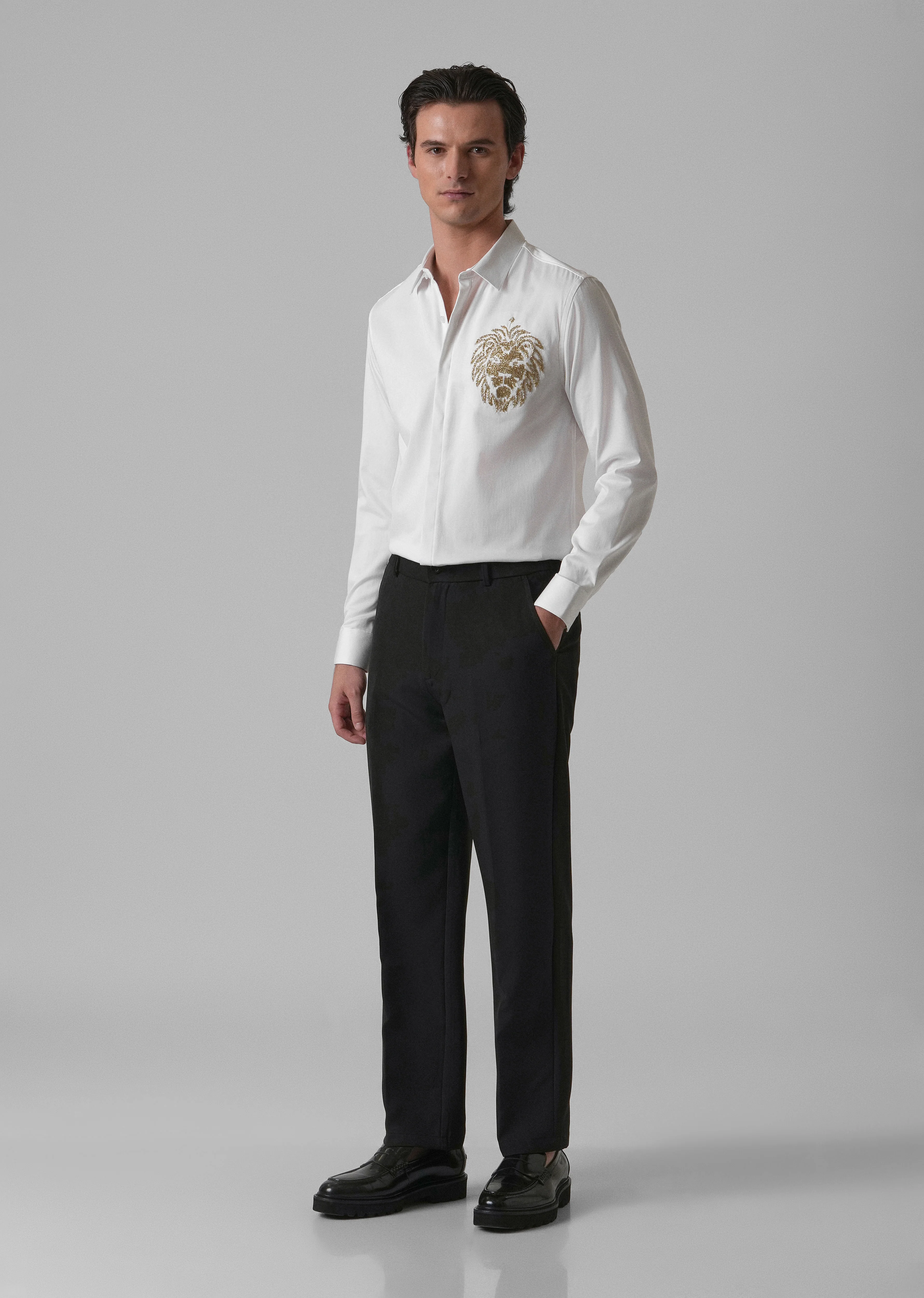 White Handcrafted Lion Embroidery Designer Shirt - Image 6