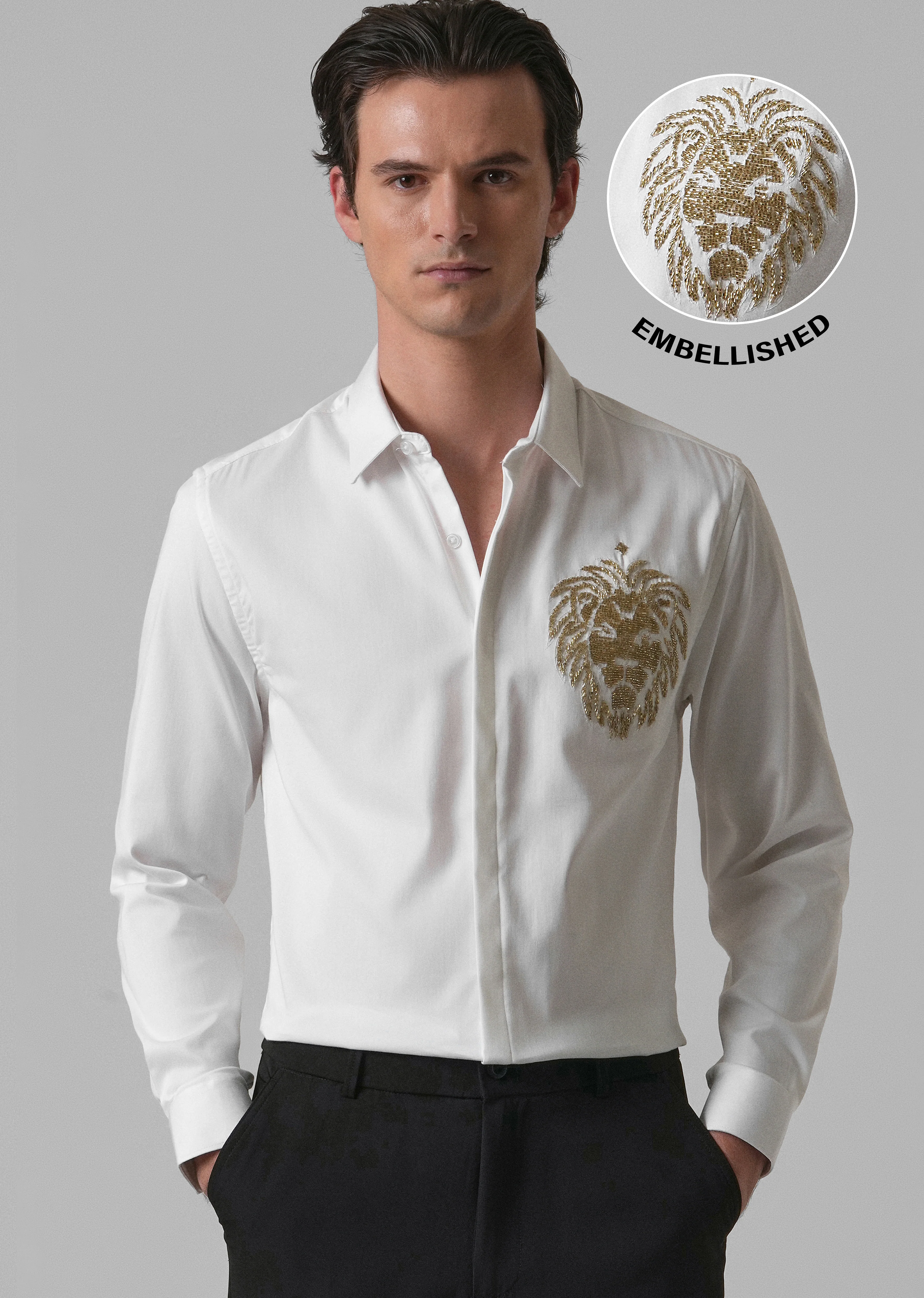 White Handcrafted Lion Embroidery Designer Shirt - Image 7