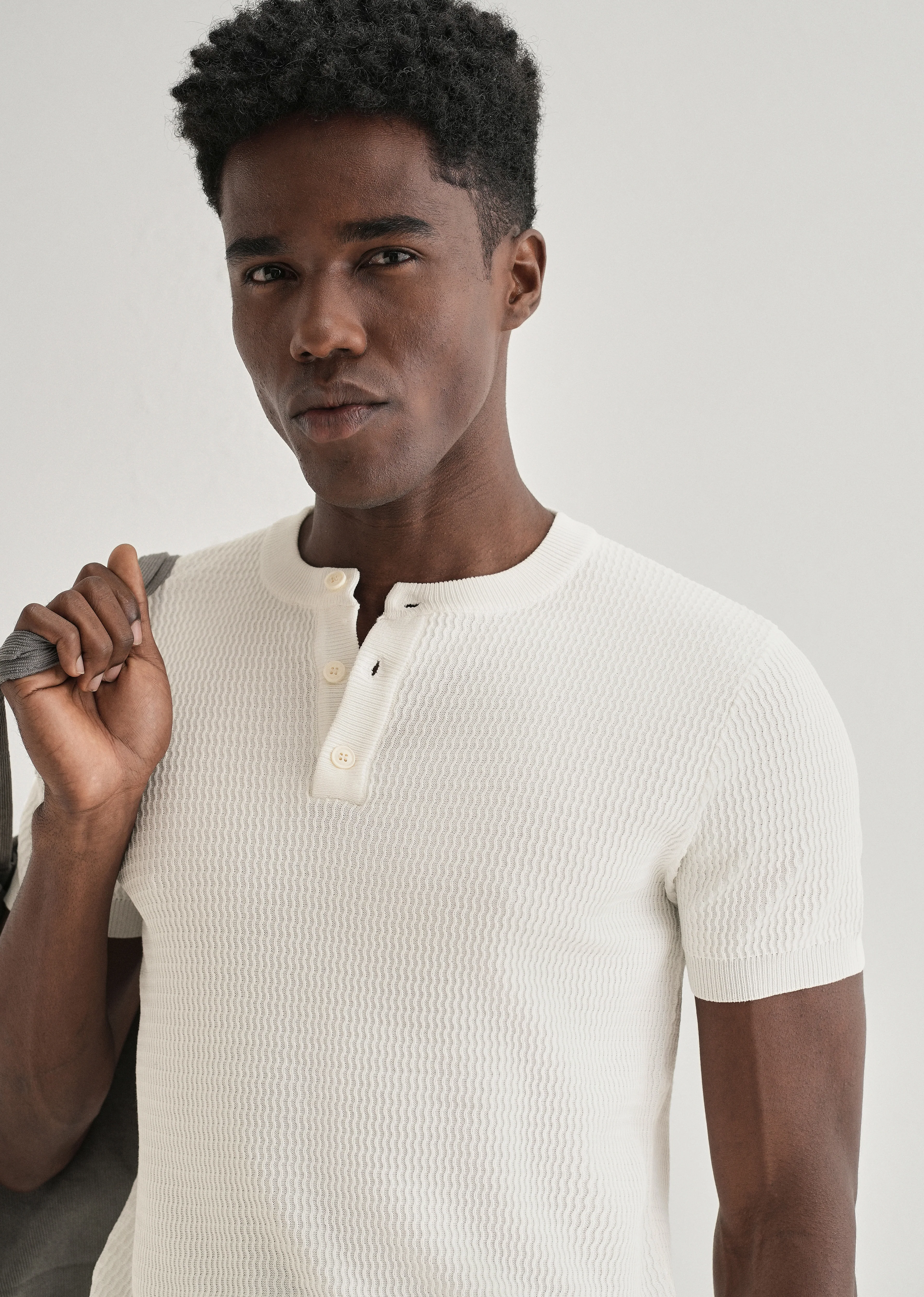 White Henley Neck Knitted T-shirt - Image 5