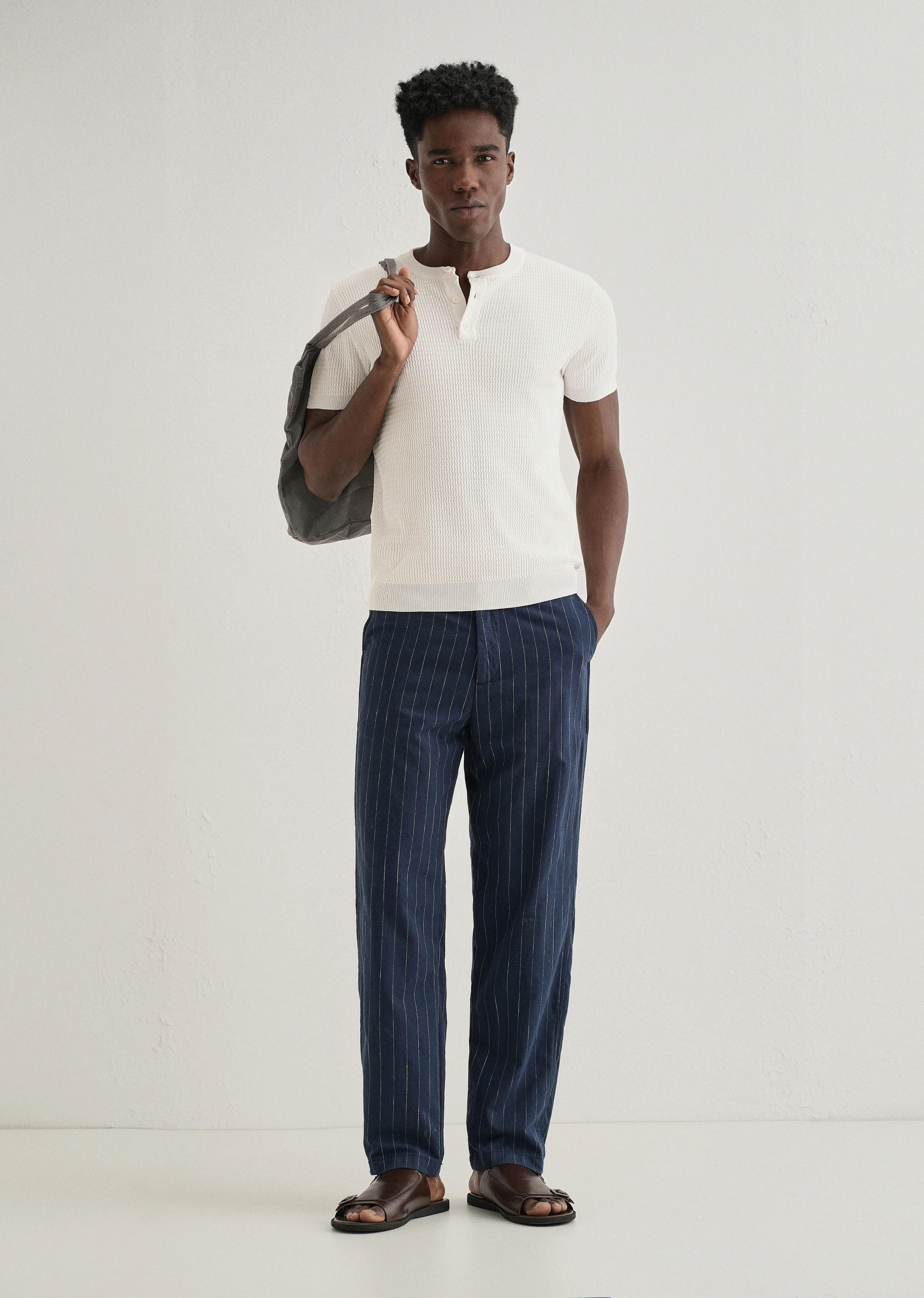 White Henley Neck Knitted T-shirt - Image 6