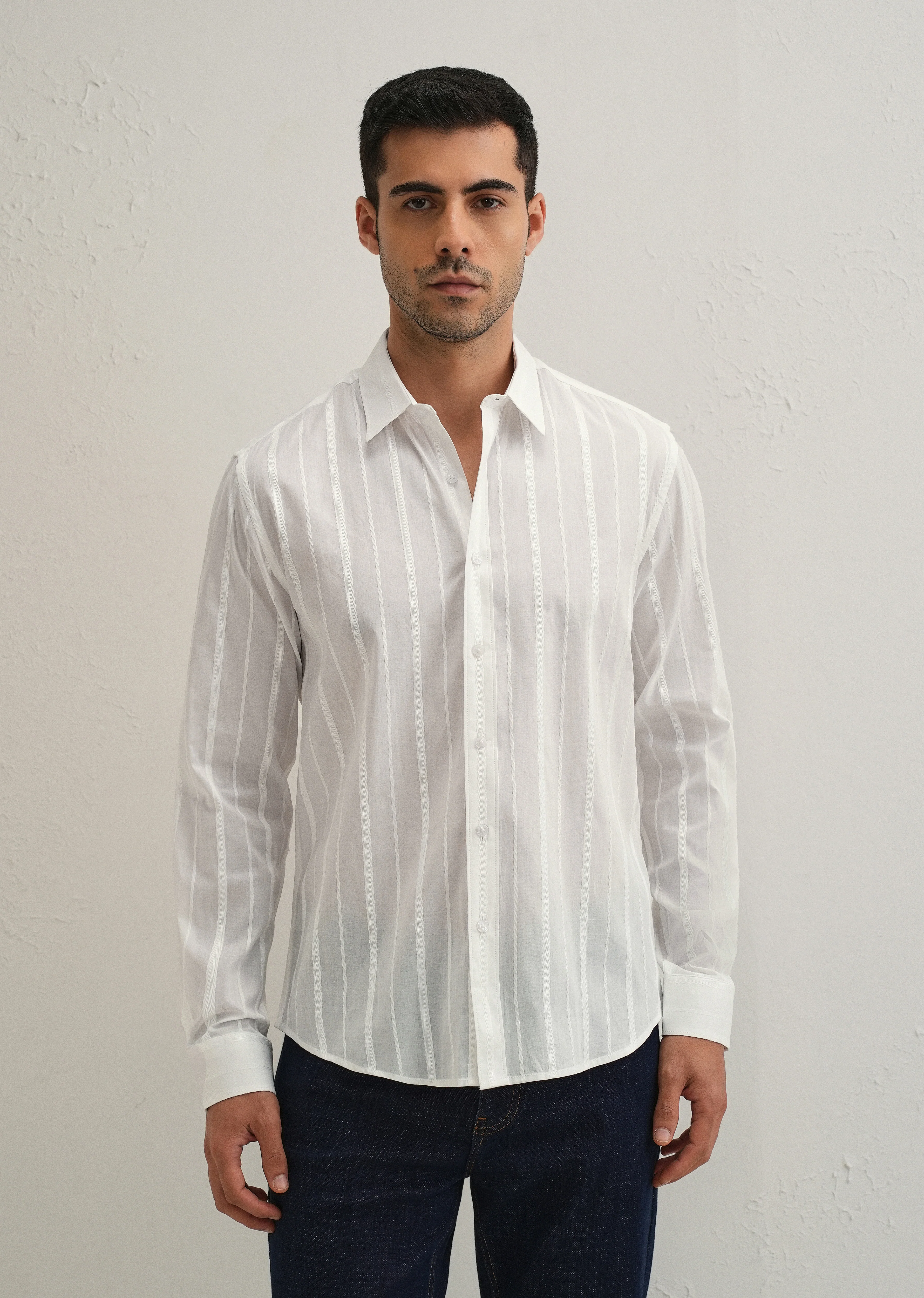 White Herringbone Pattern Shirt - Image 3