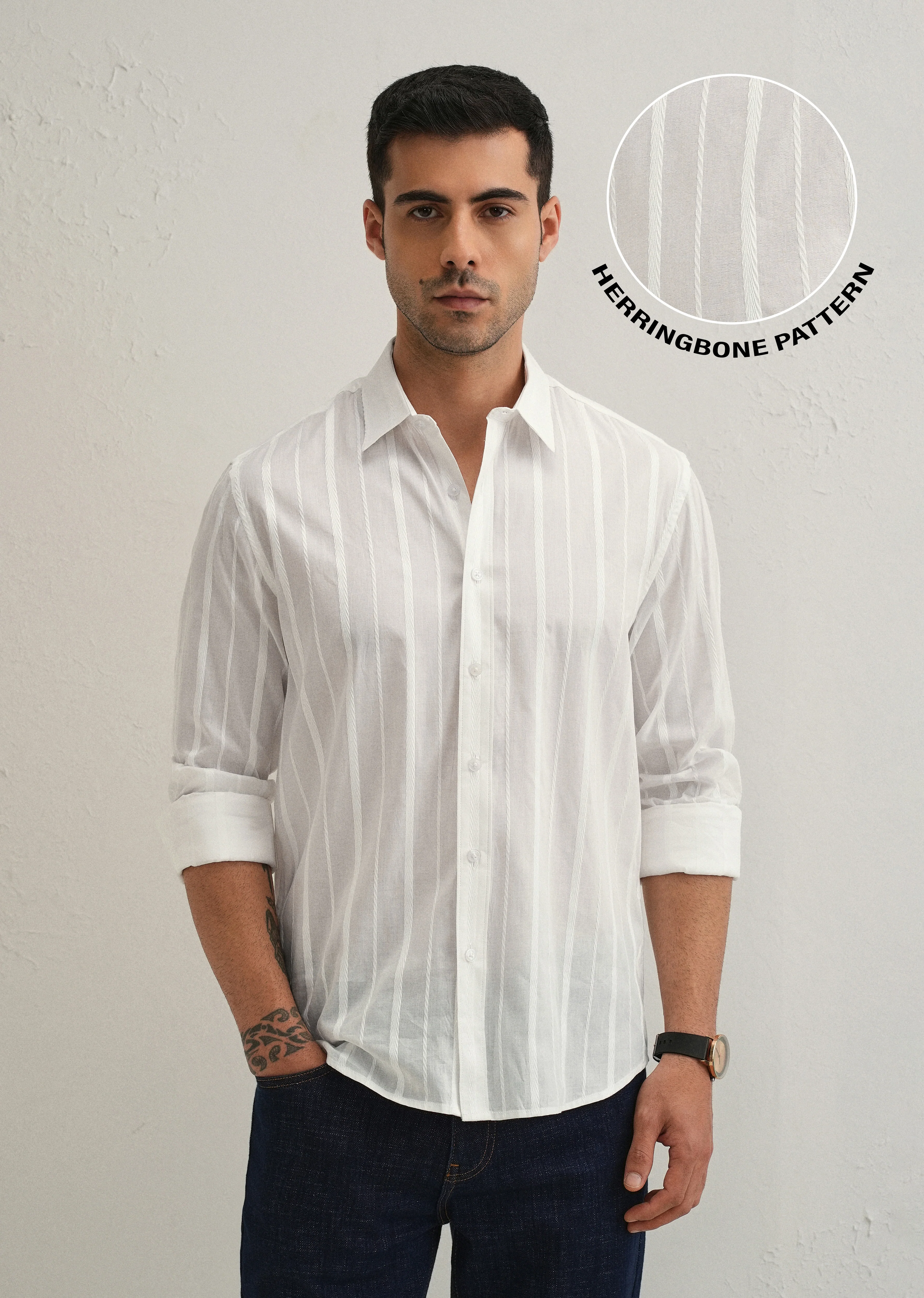 White Herringbone Pattern Shirt - Image 7