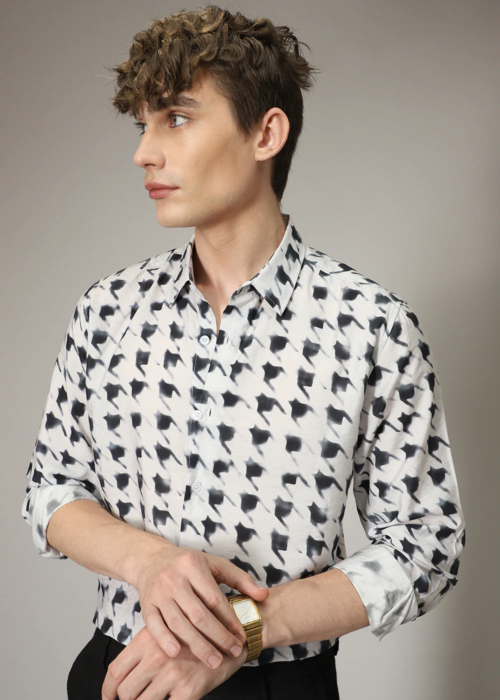 White Herringbone Print Shirt - Image 7