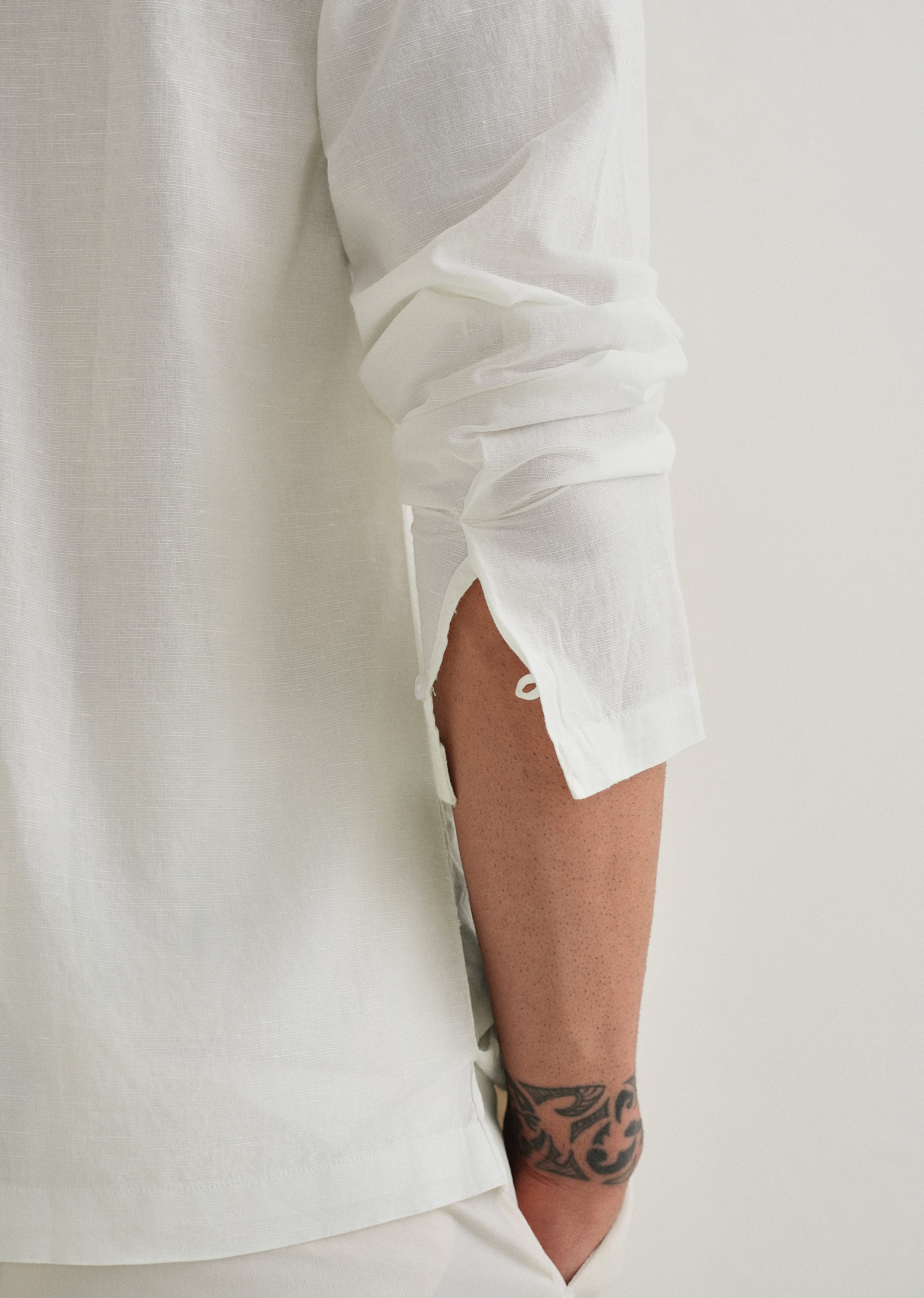 White Hidden Sleeve Placket Cotton Linen Shirt - Image 2