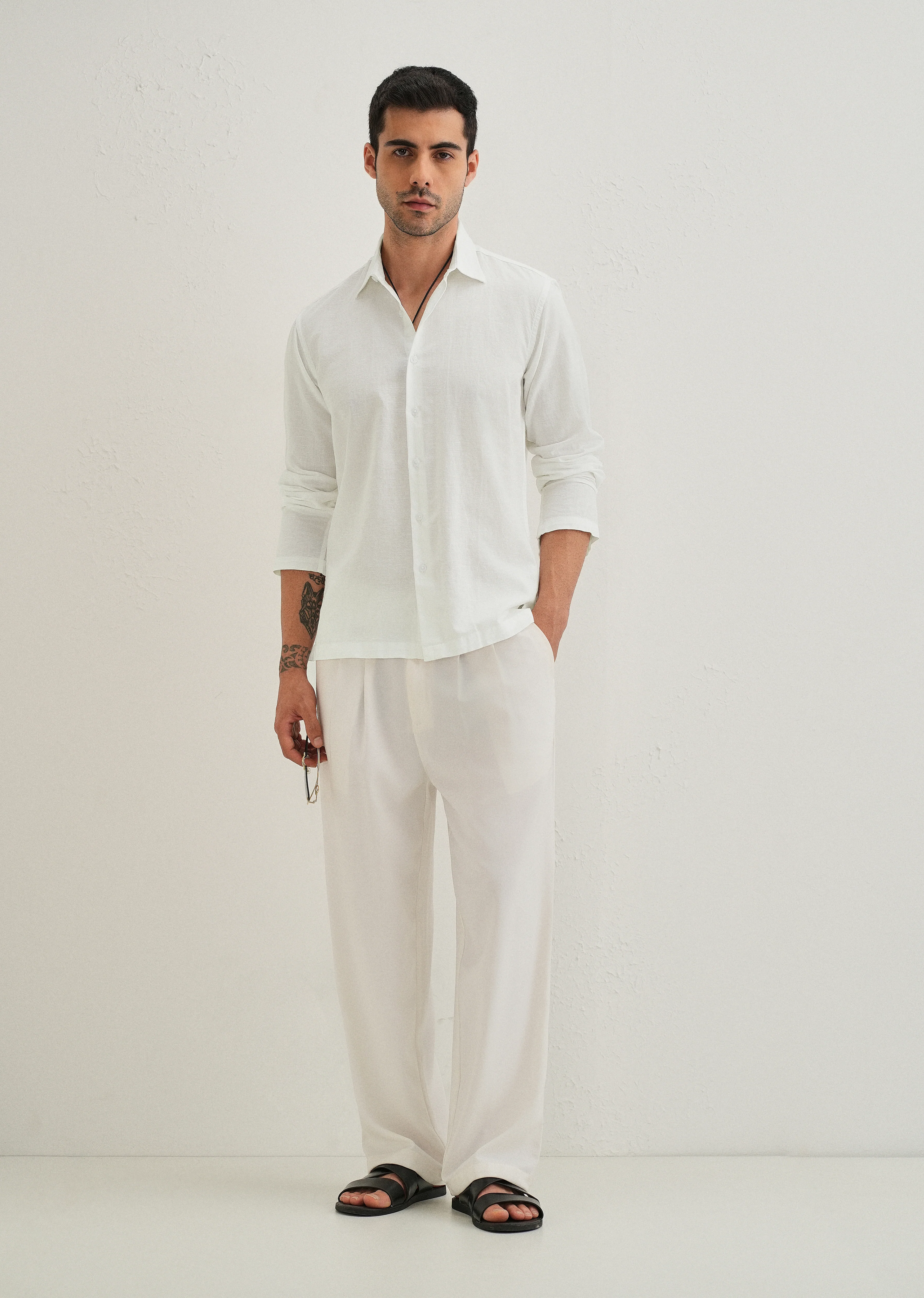 White Hidden Sleeve Placket Cotton Linen Shirt - Image 8