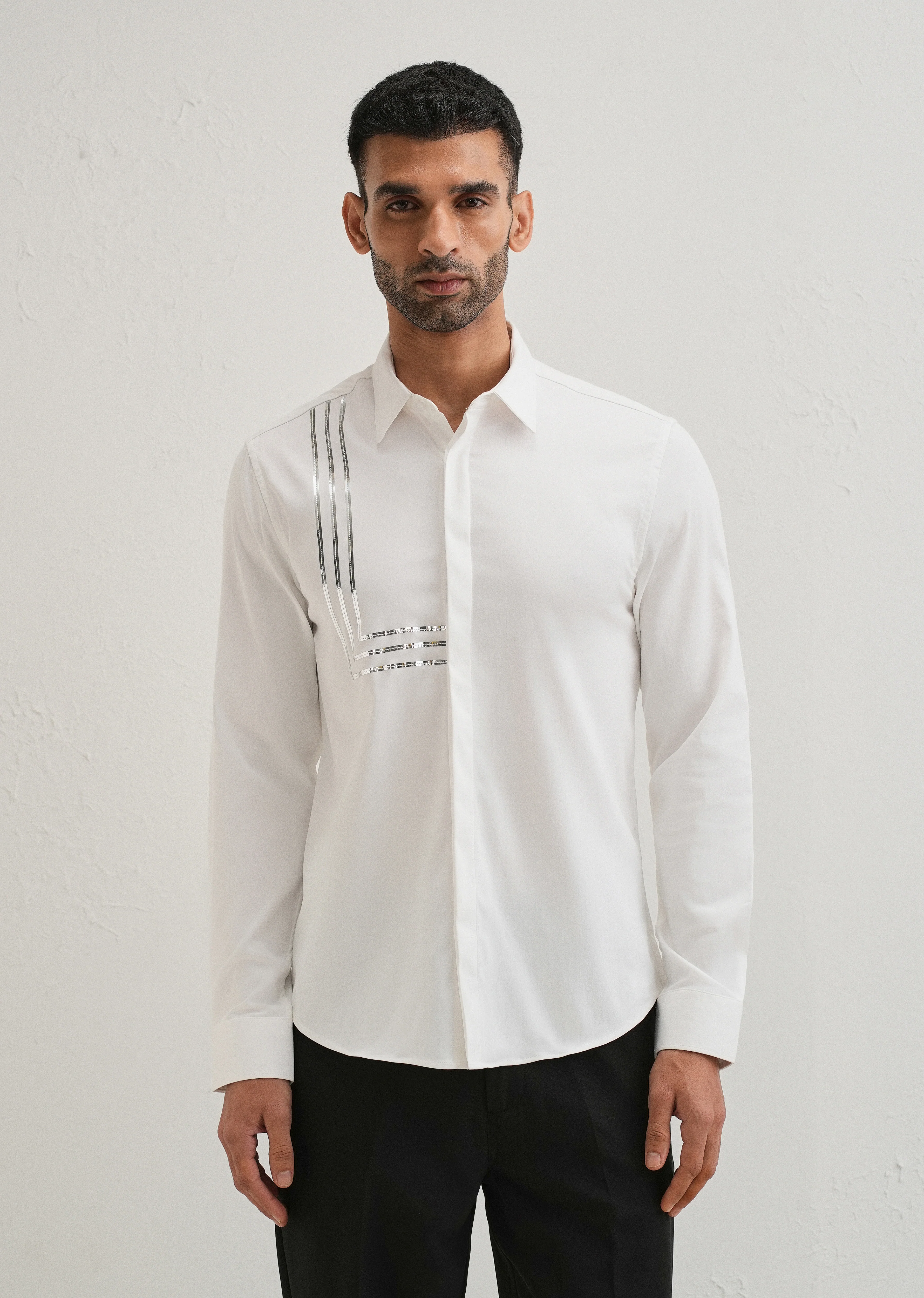 White Metallic Stripe Designer Shirt - Image 4