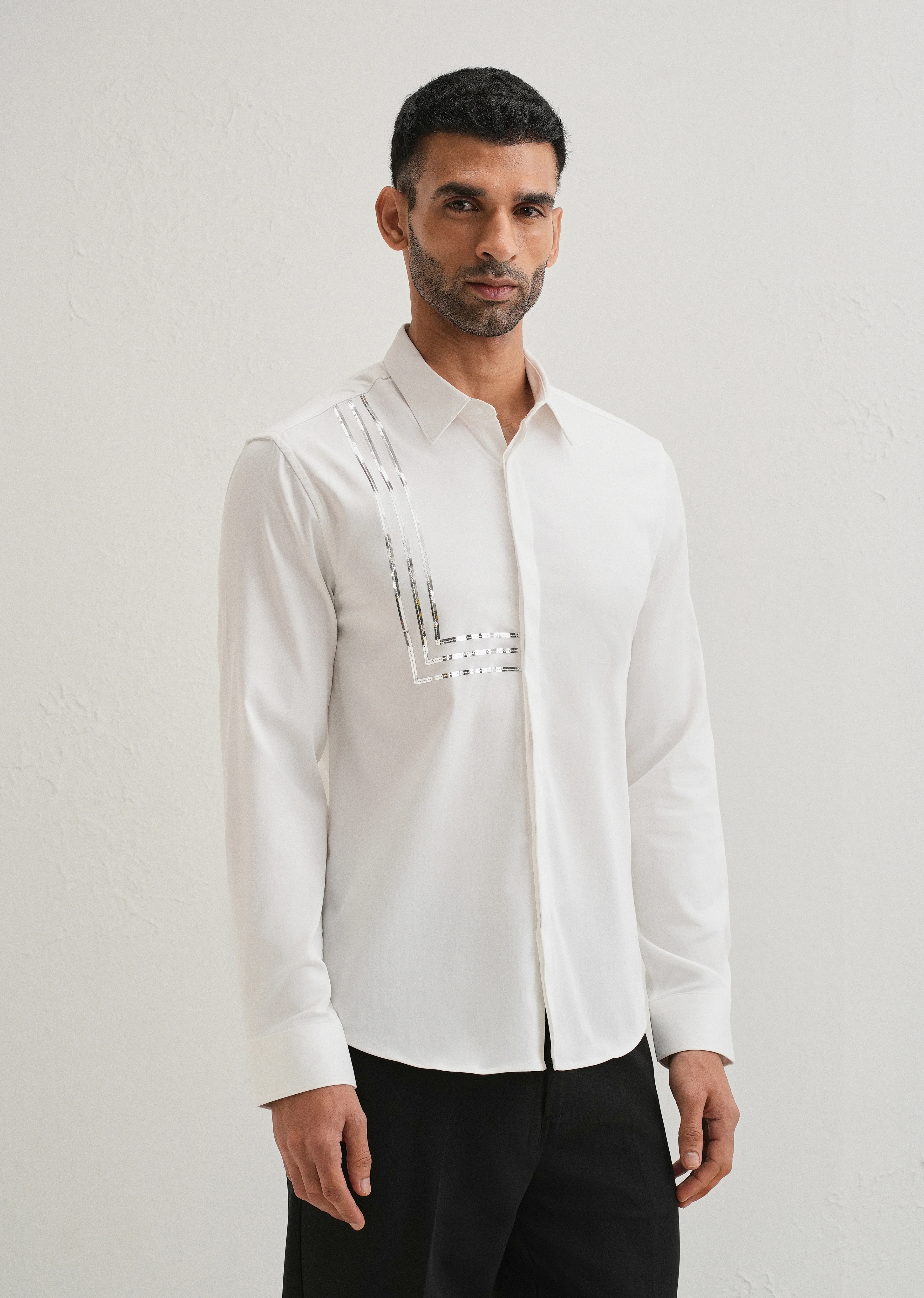 White Metallic Stripe Designer Shirt - Image 5