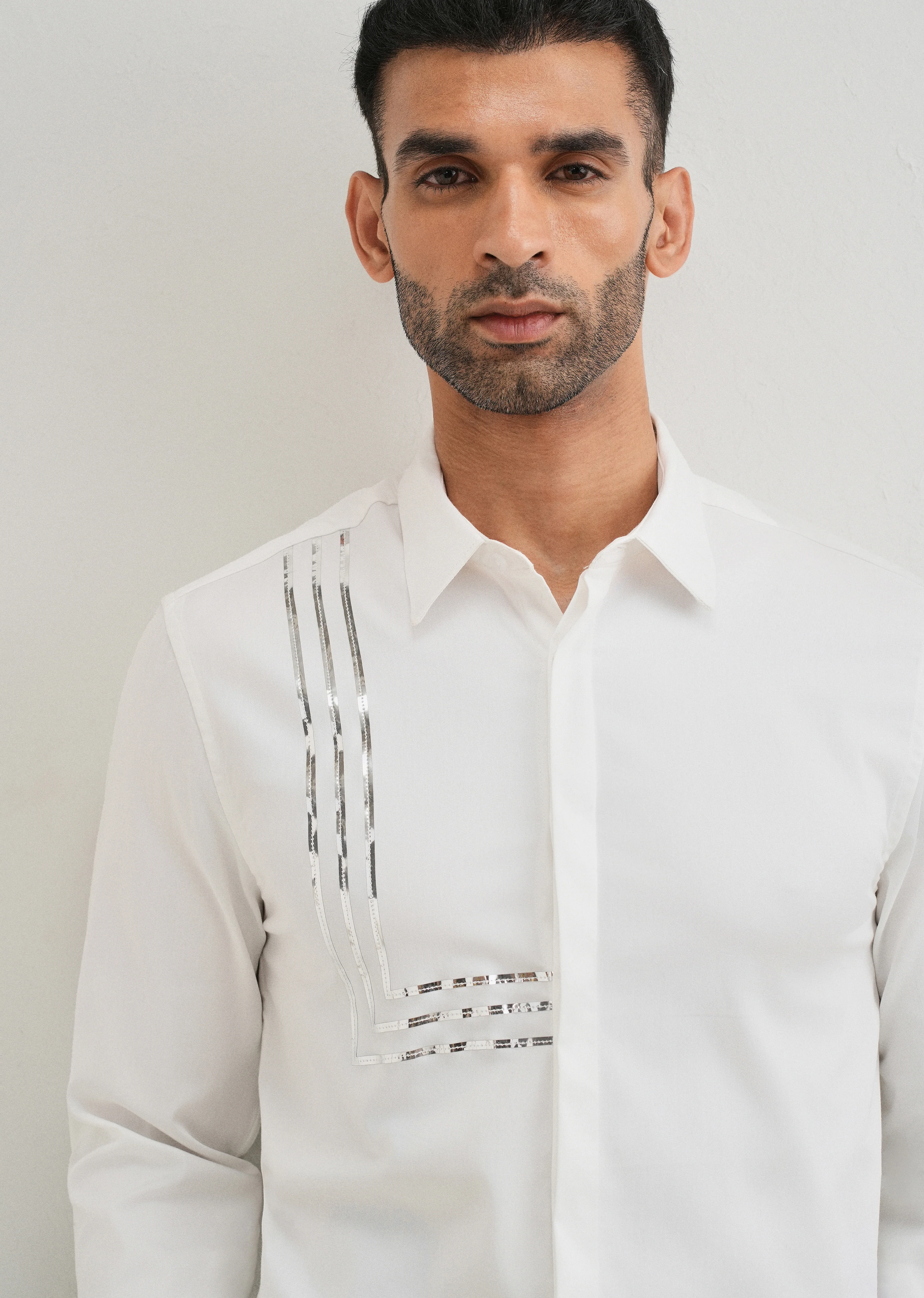 White Metallic Stripe Designer Shirt - Image 6