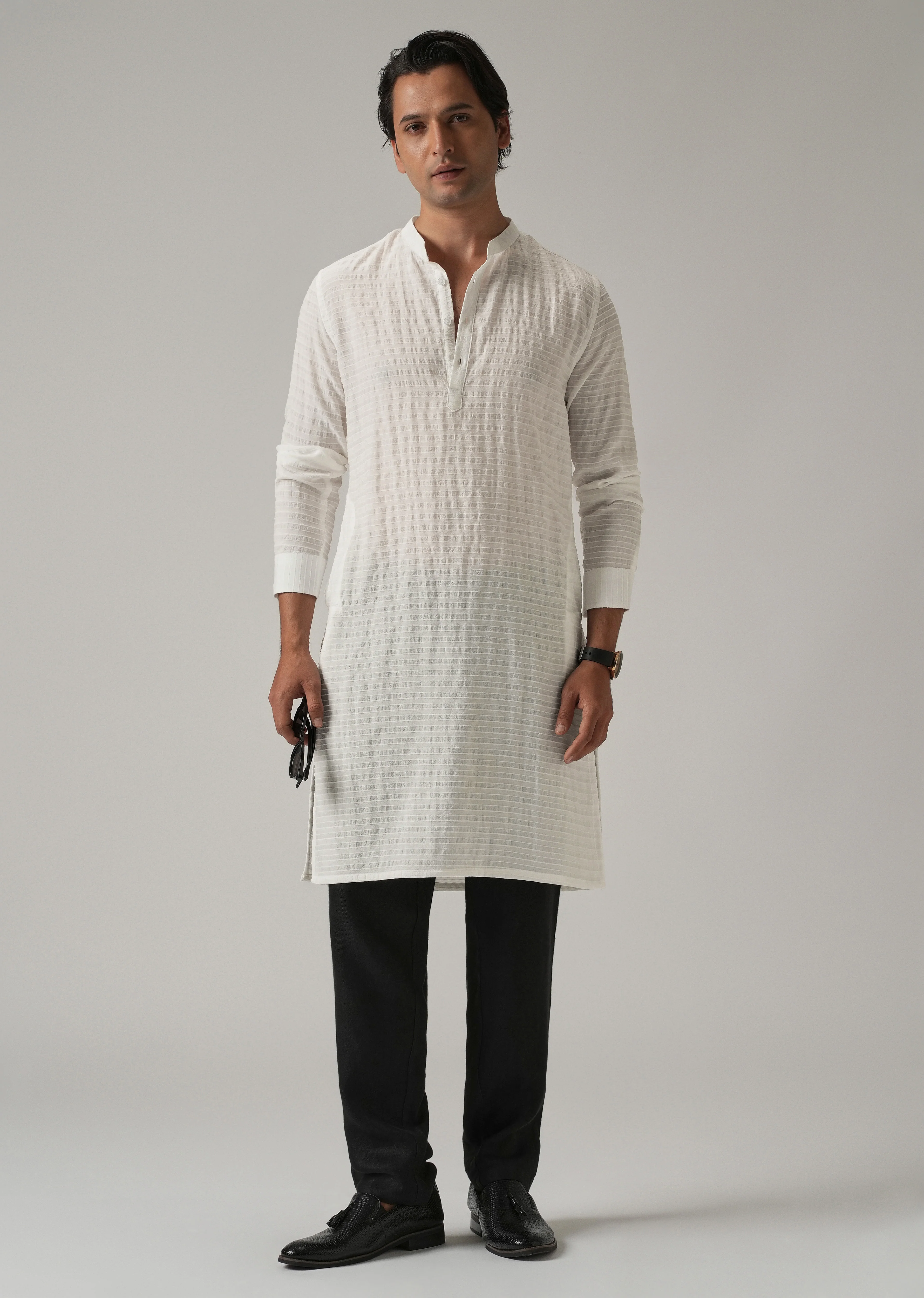 White Nylon Pin Stripe Kurta - Image 2