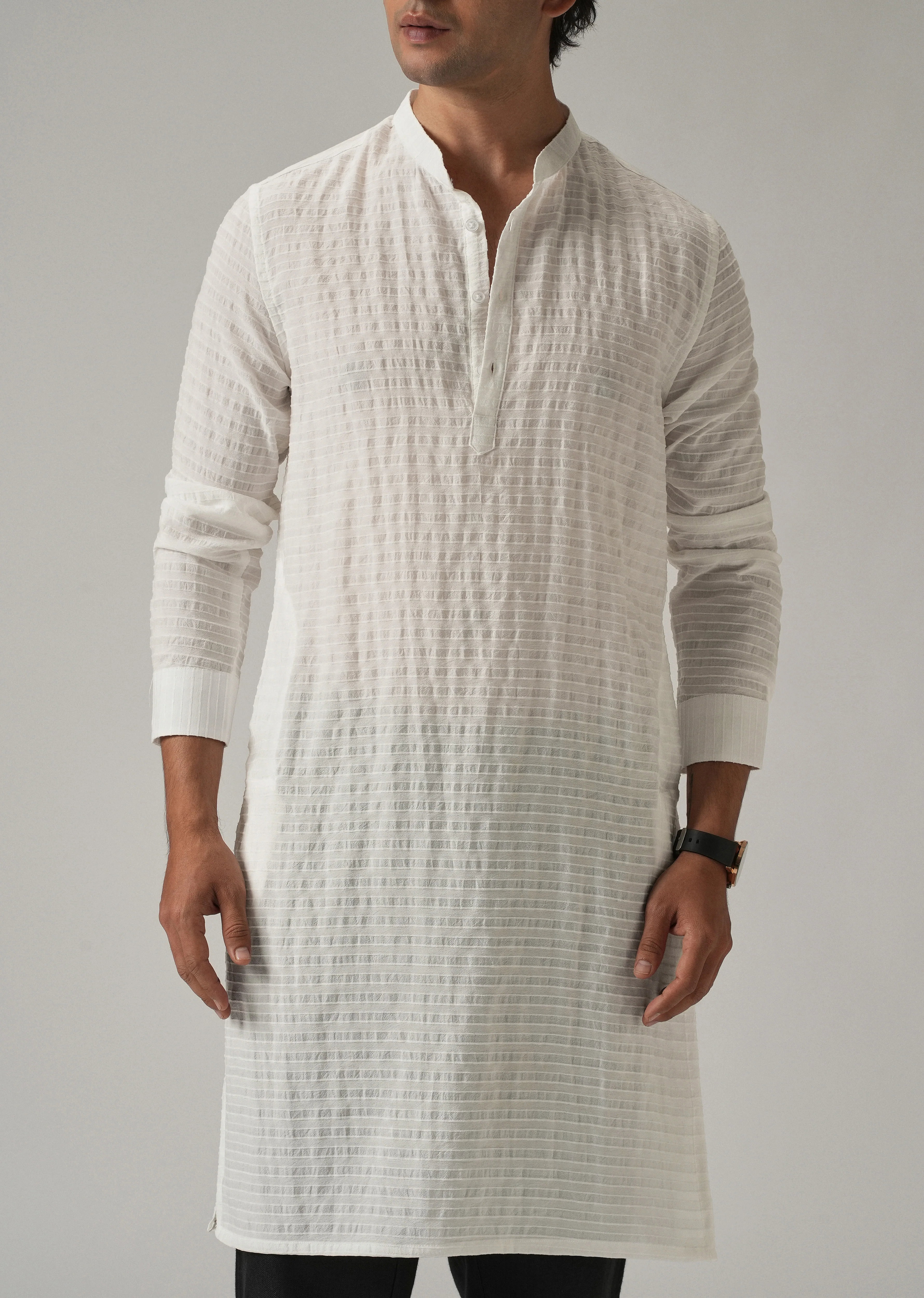 White Nylon Pin Stripe Kurta - Image 7