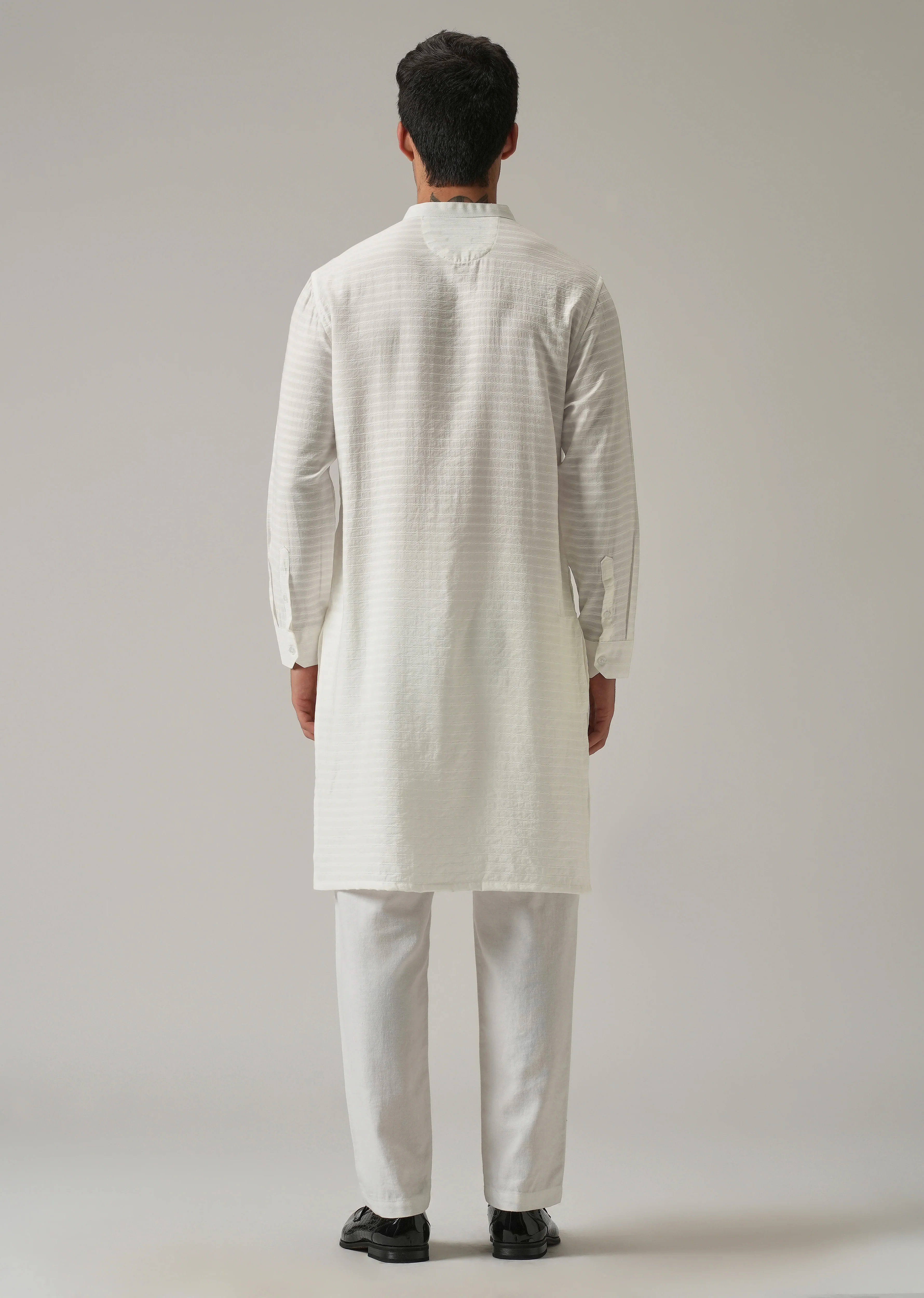 White Nylon Self Stripe Kurta - Image 2