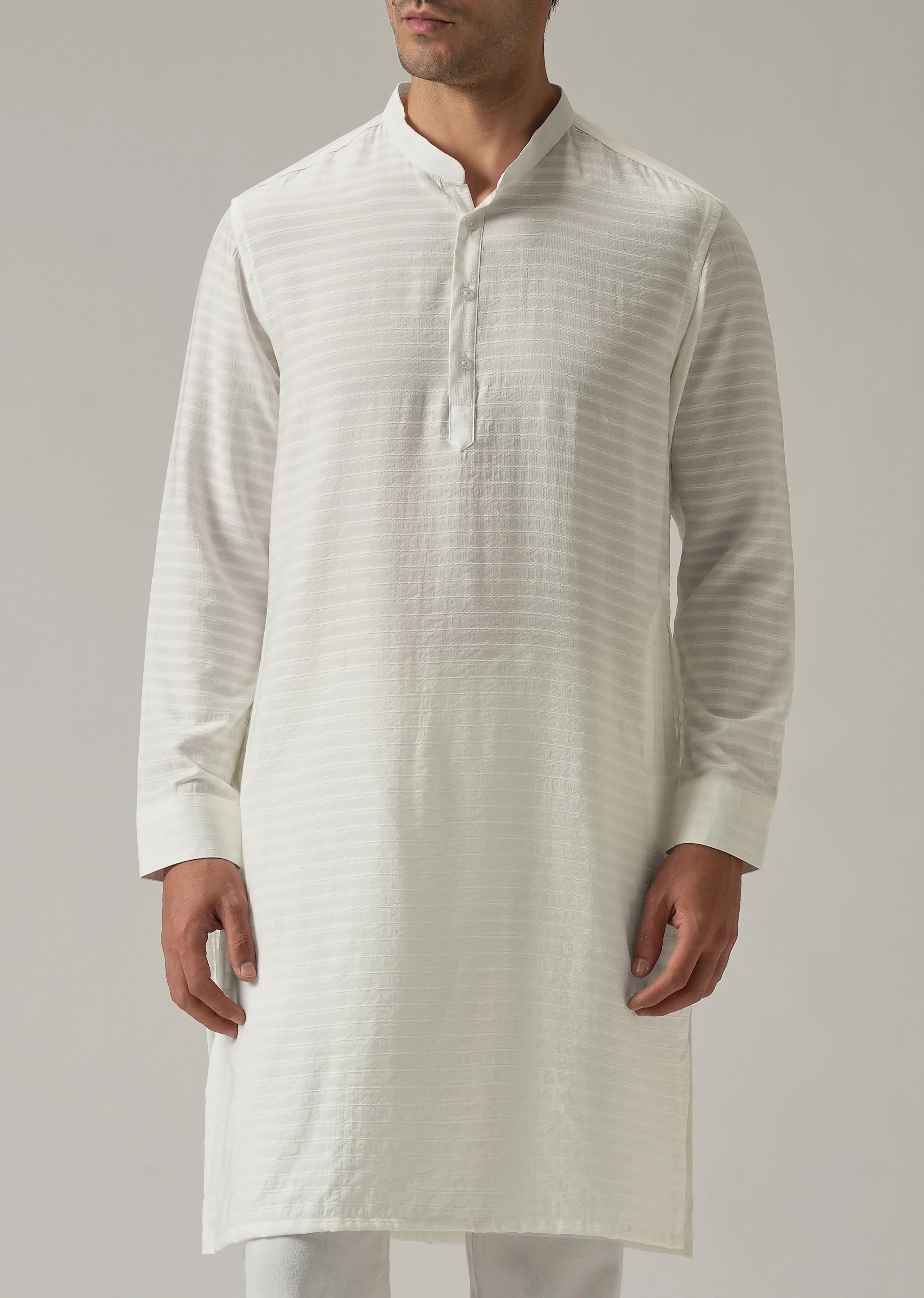 White Nylon Self Stripe Kurta - Image 7