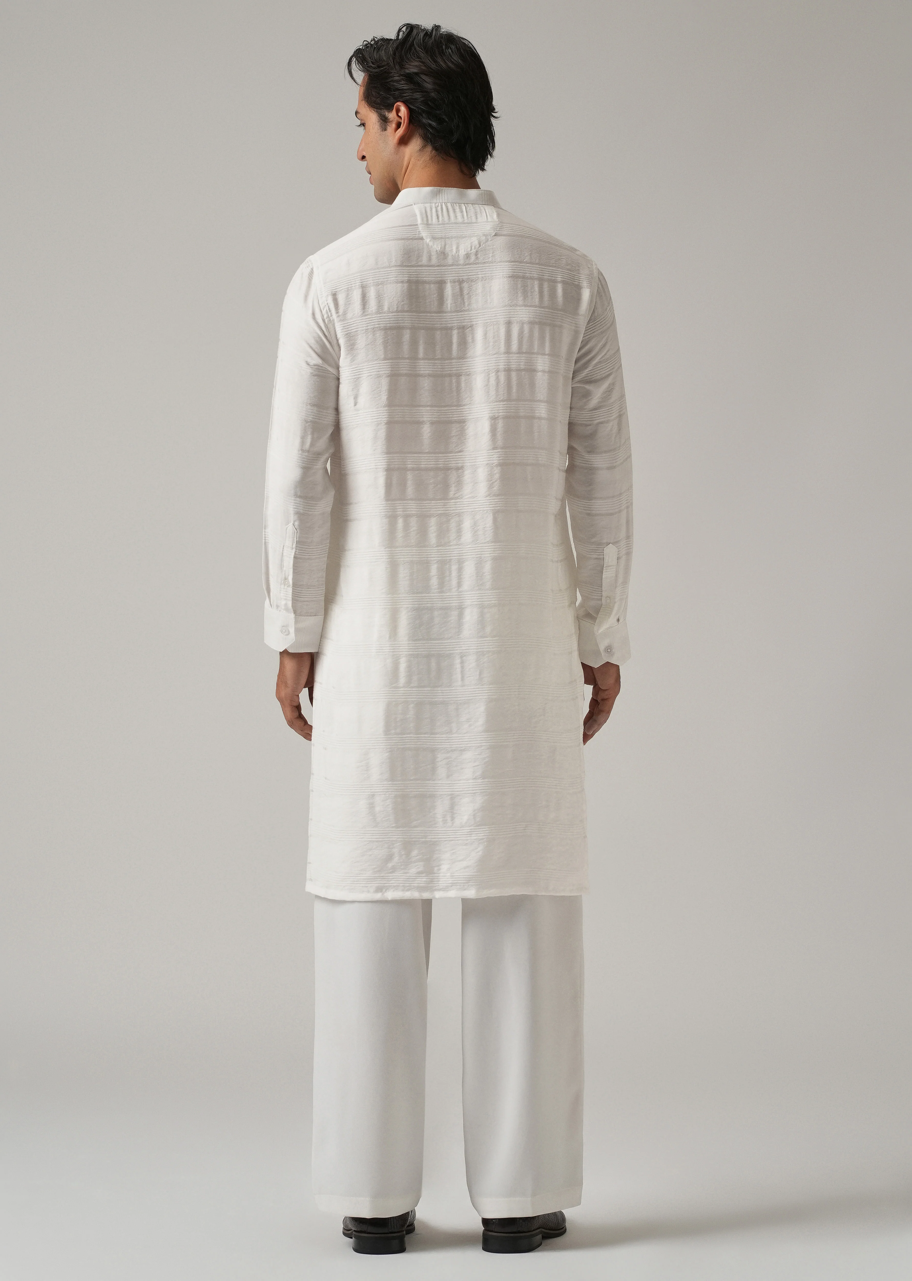 White Nylon Subtle Stripe Kurta - Image 2