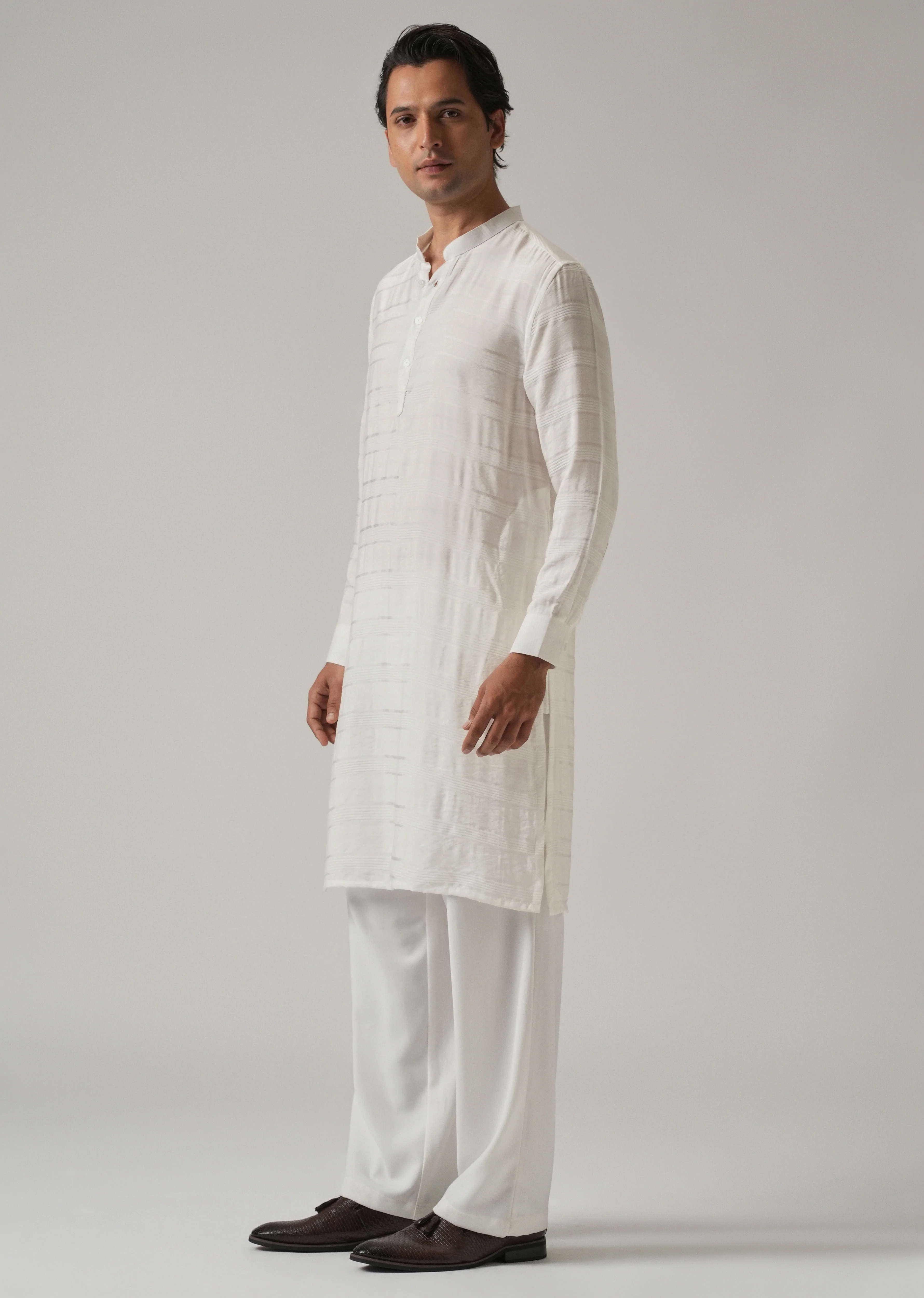 White Nylon Subtle Stripe Kurta - Image 4