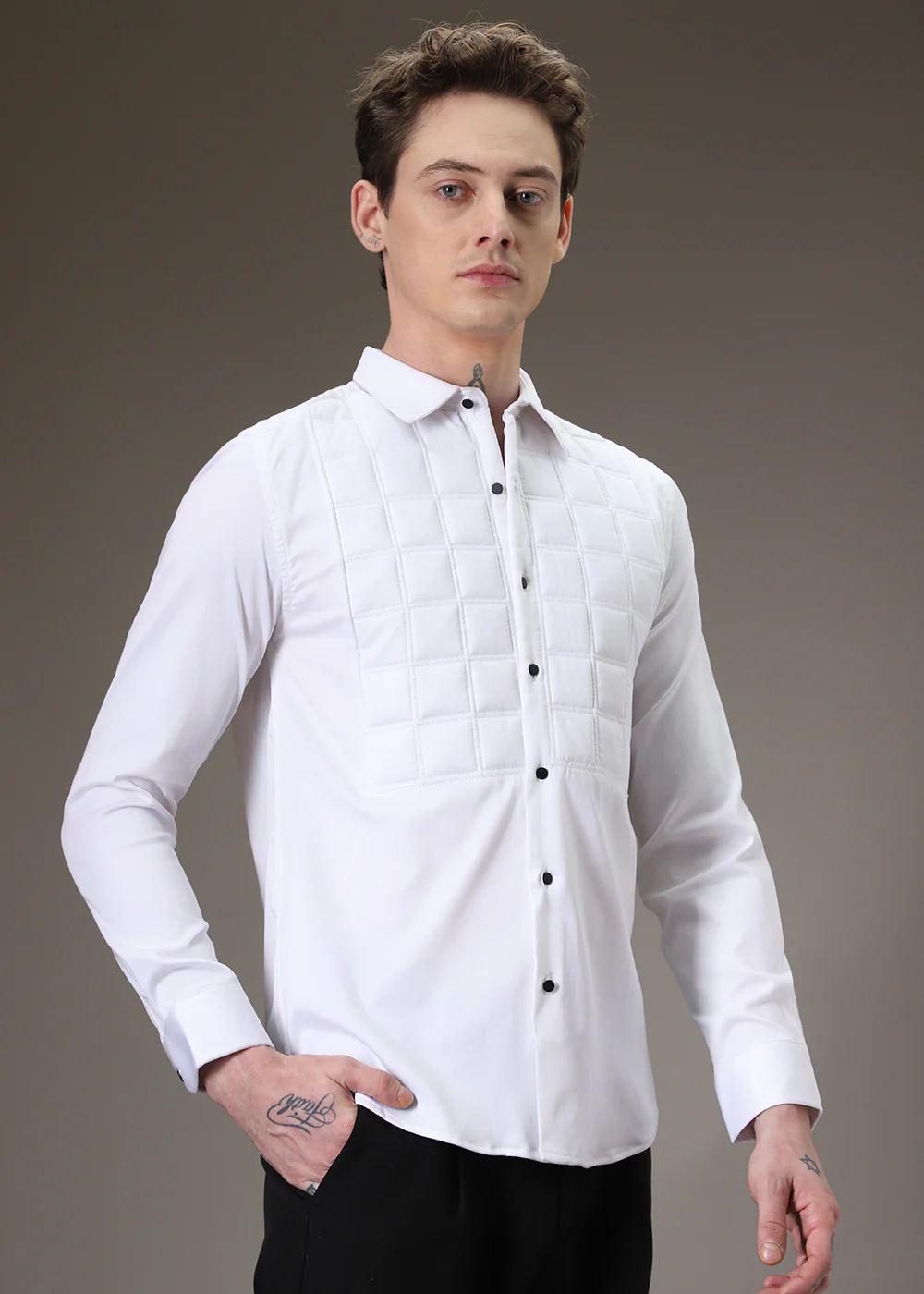 White Padded Check Designer Shirt - Image 4