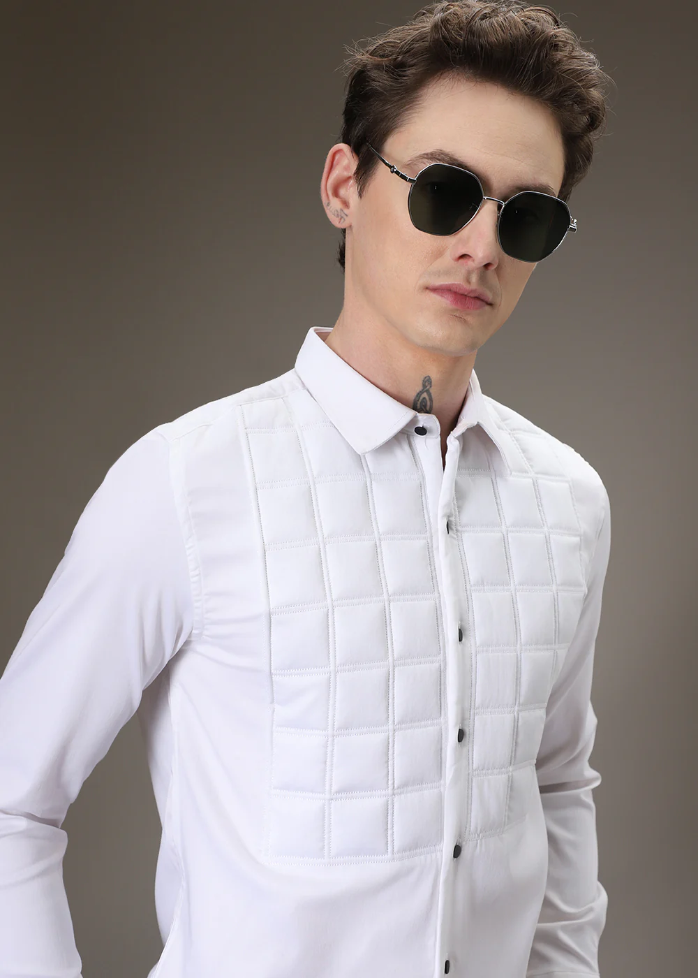 White Padded Check Designer Shirt - Image 5