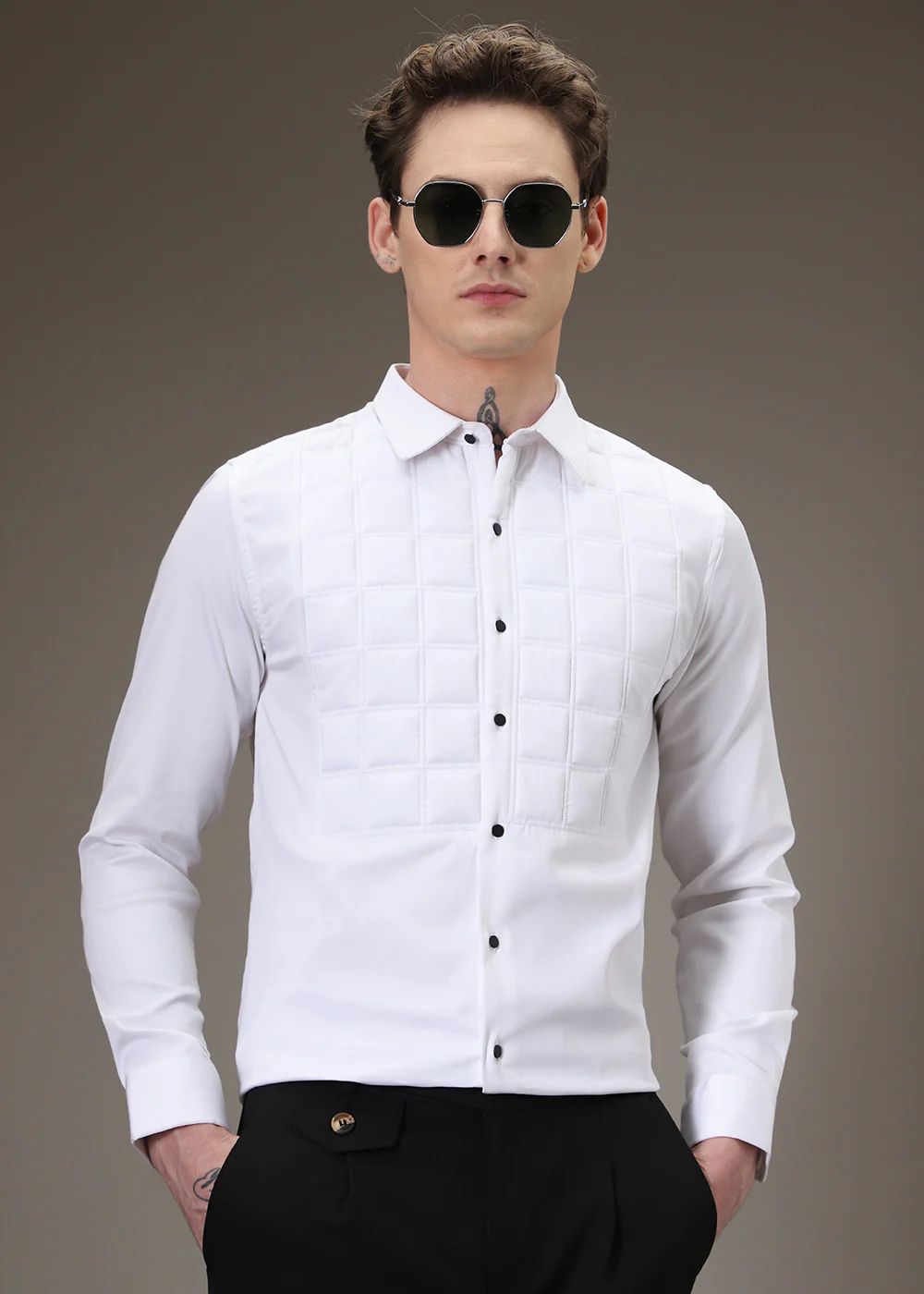 White Padded Check Designer Shirt - Image 6