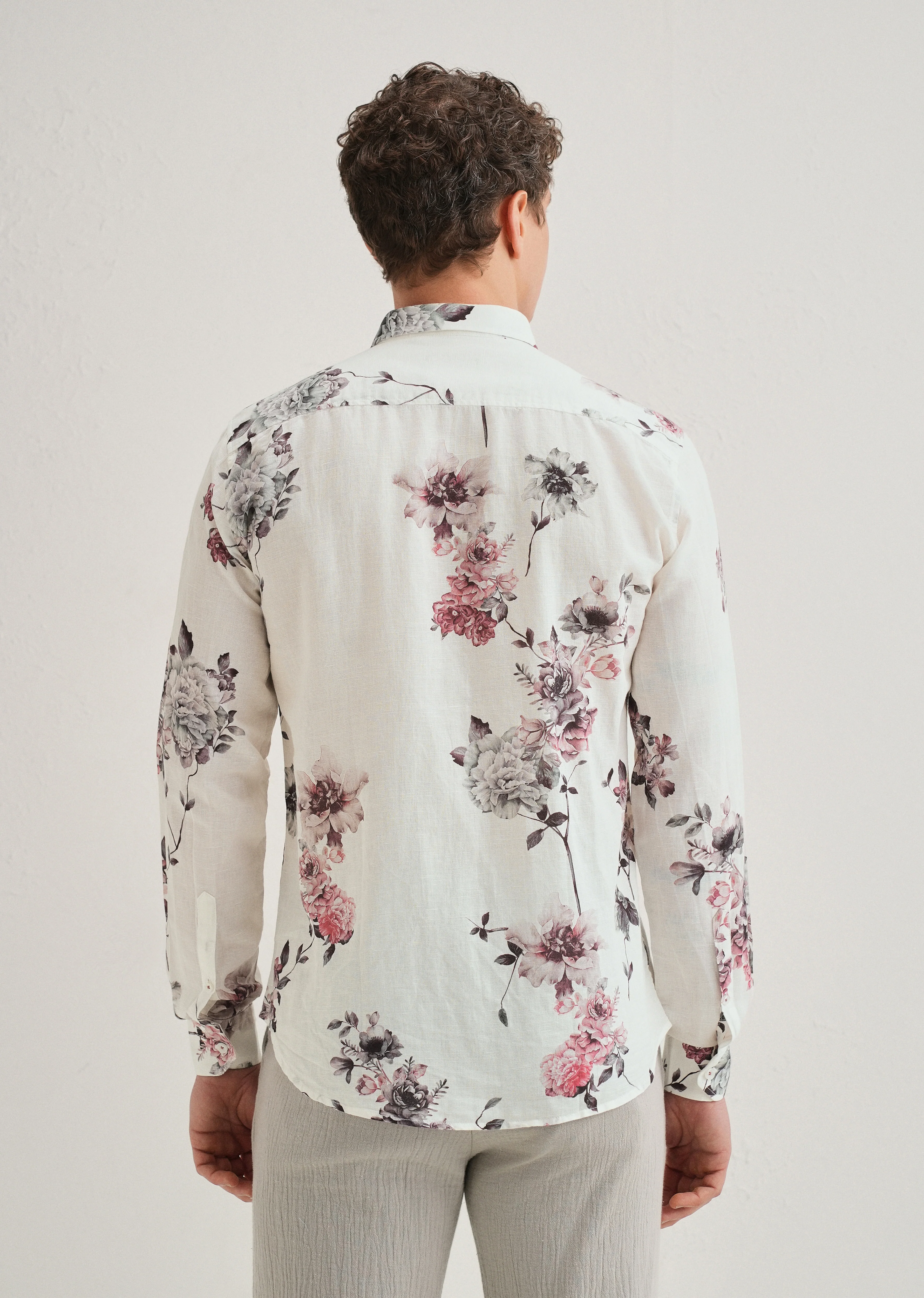 White Peony Dahlia Printed Cotton Linen Shirt - Image 3
