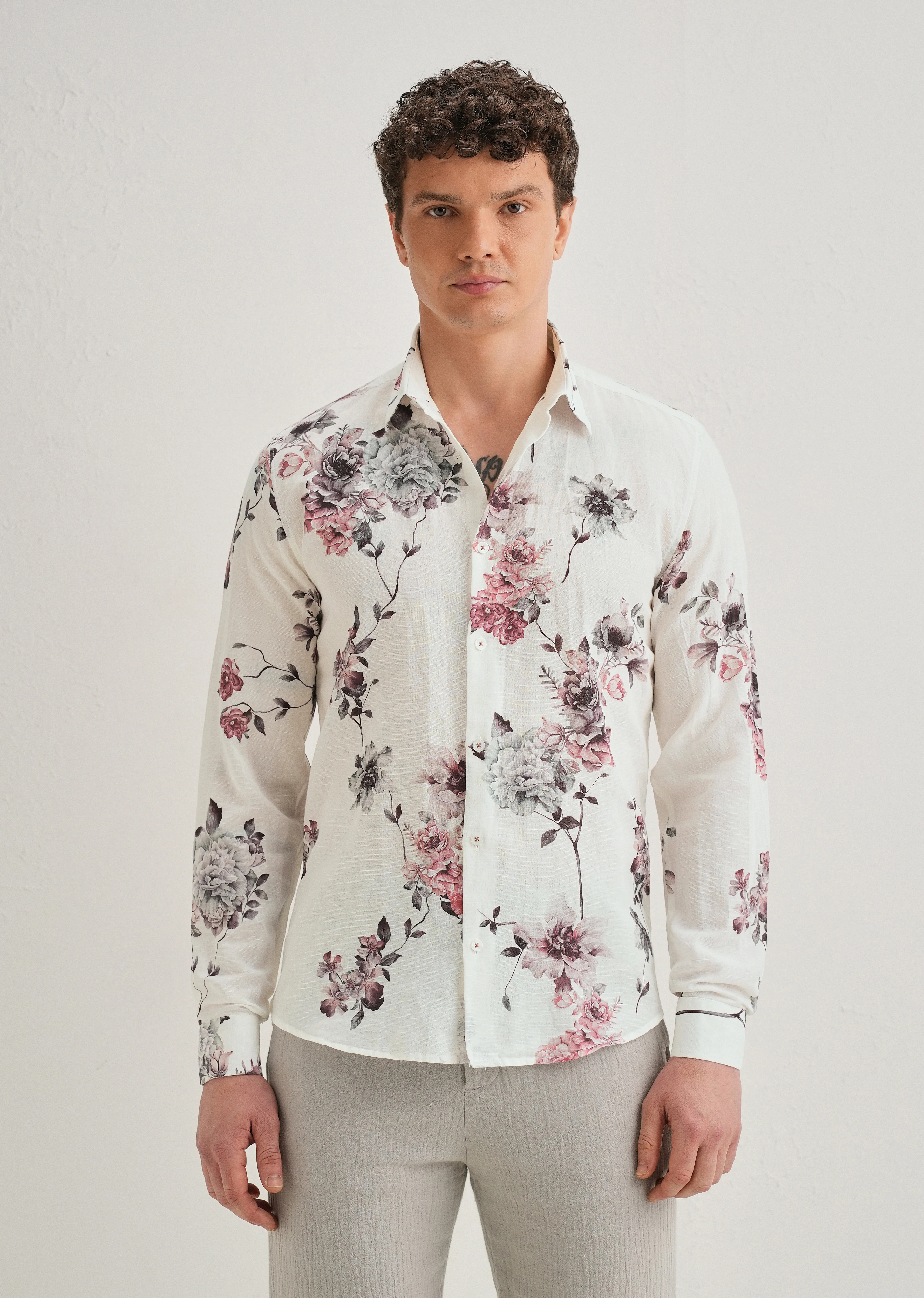 White Peony Dahlia Printed Cotton Linen Shirt - Image 4