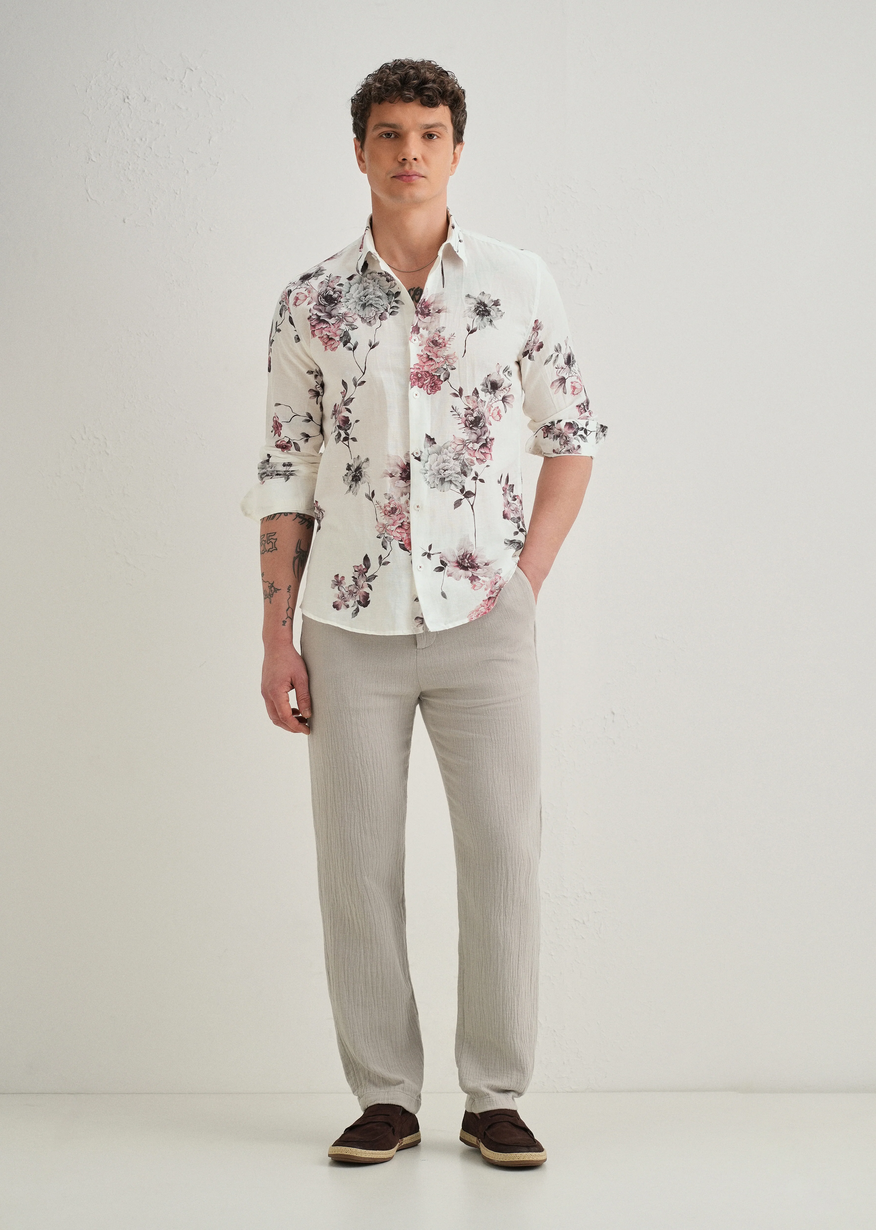 White Peony Dahlia Printed Cotton Linen Shirt - Image 6