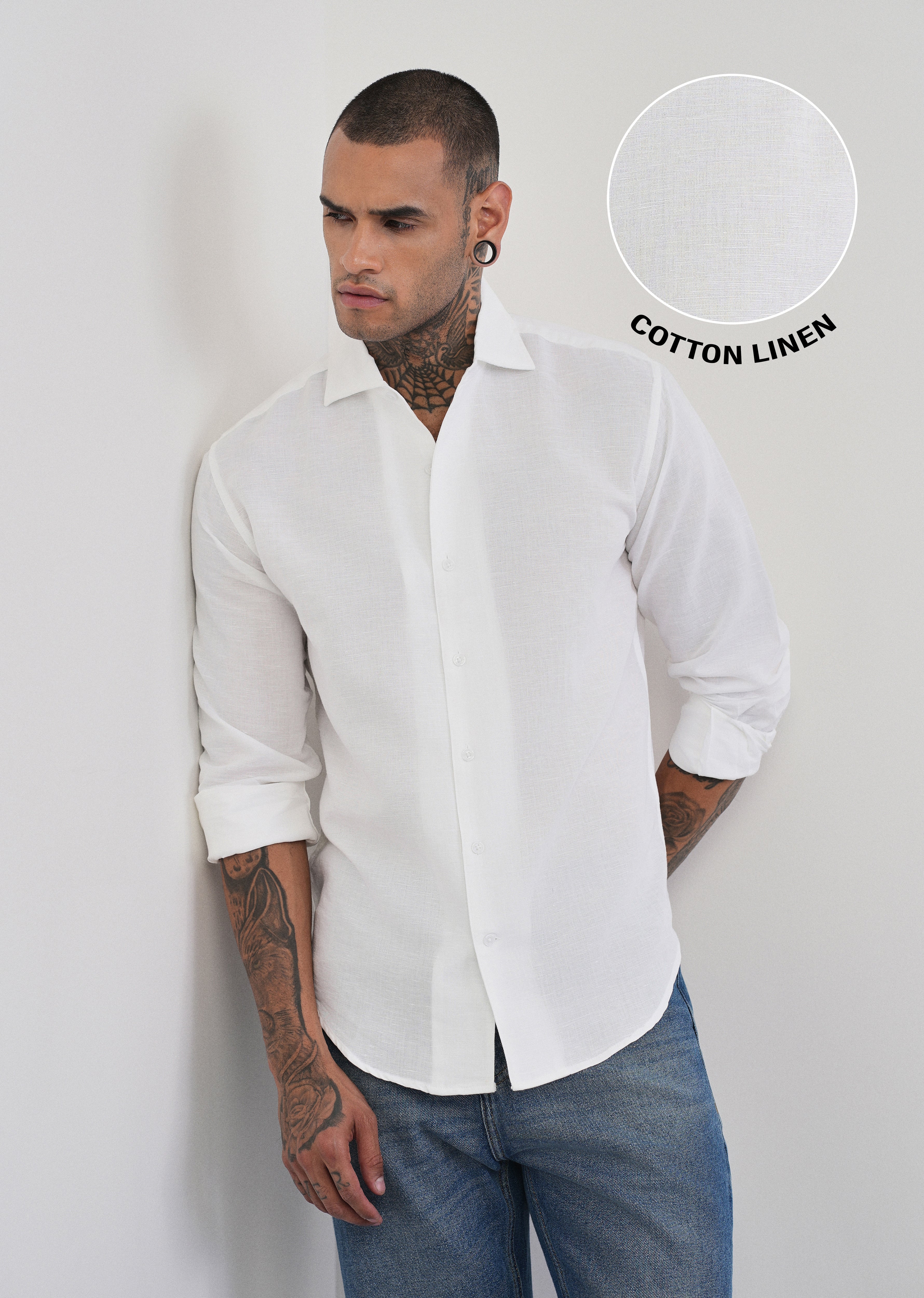White Plain Cotton Linen Shirt - Image 7