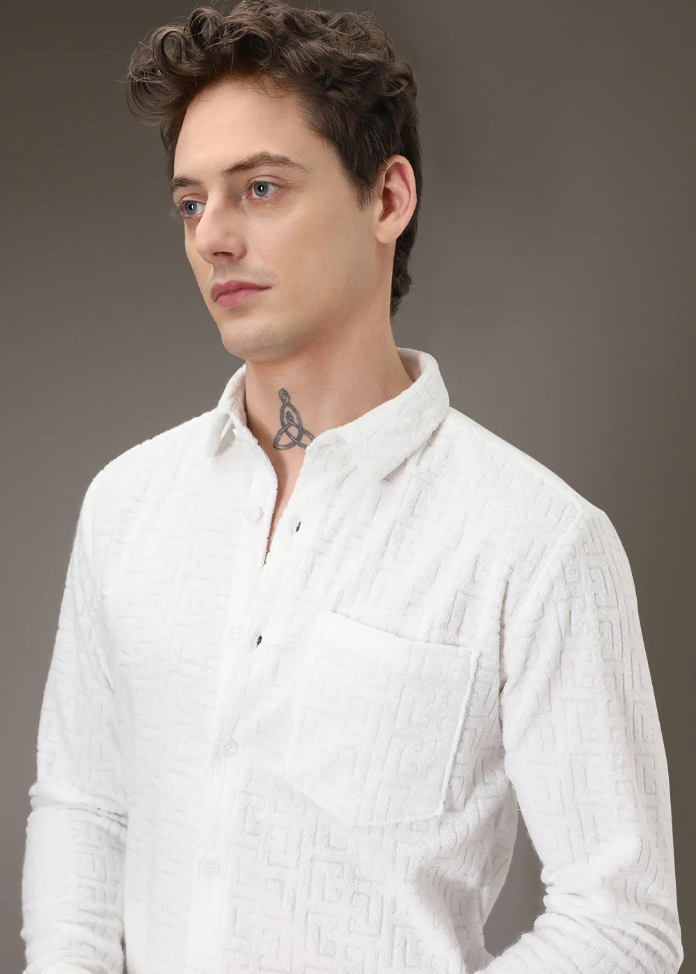 White Plain Jacquard Knitted Shirt - Image 2