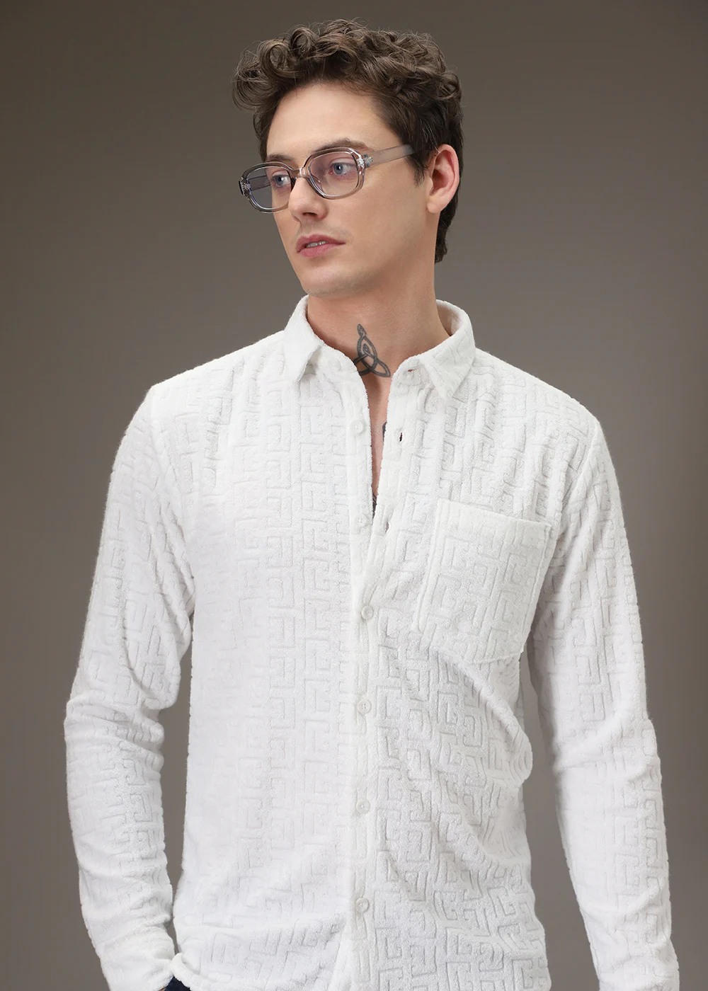 White Plain Jacquard Knitted Shirt - Image 3