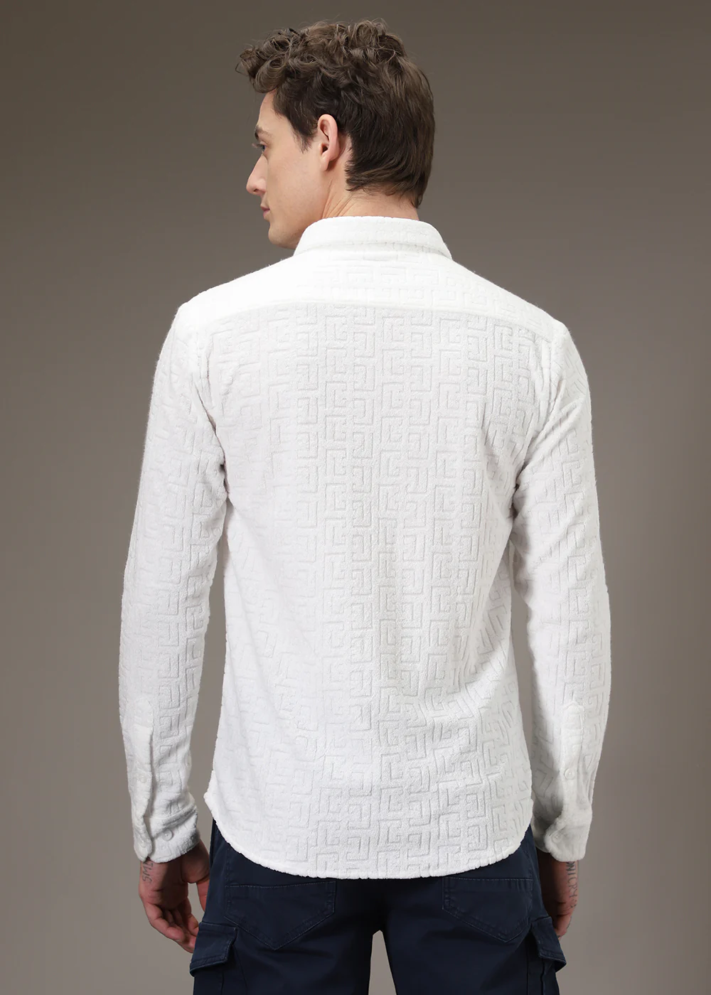 White Plain Jacquard Knitted Shirt - Image 4