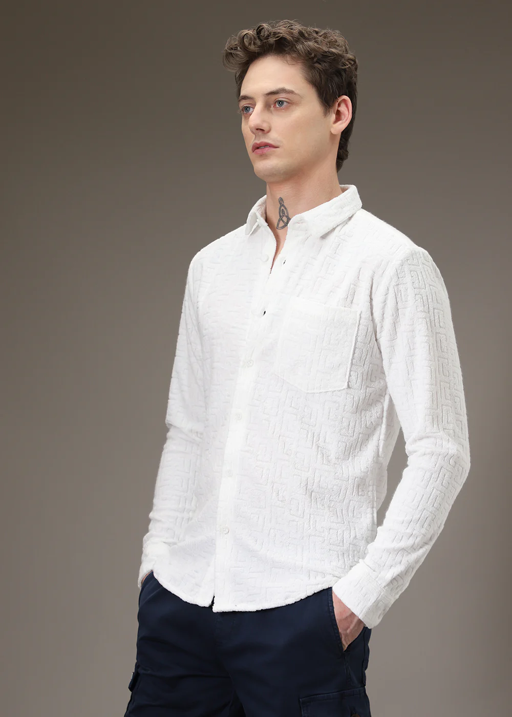 White Plain Jacquard Knitted Shirt - Image 5