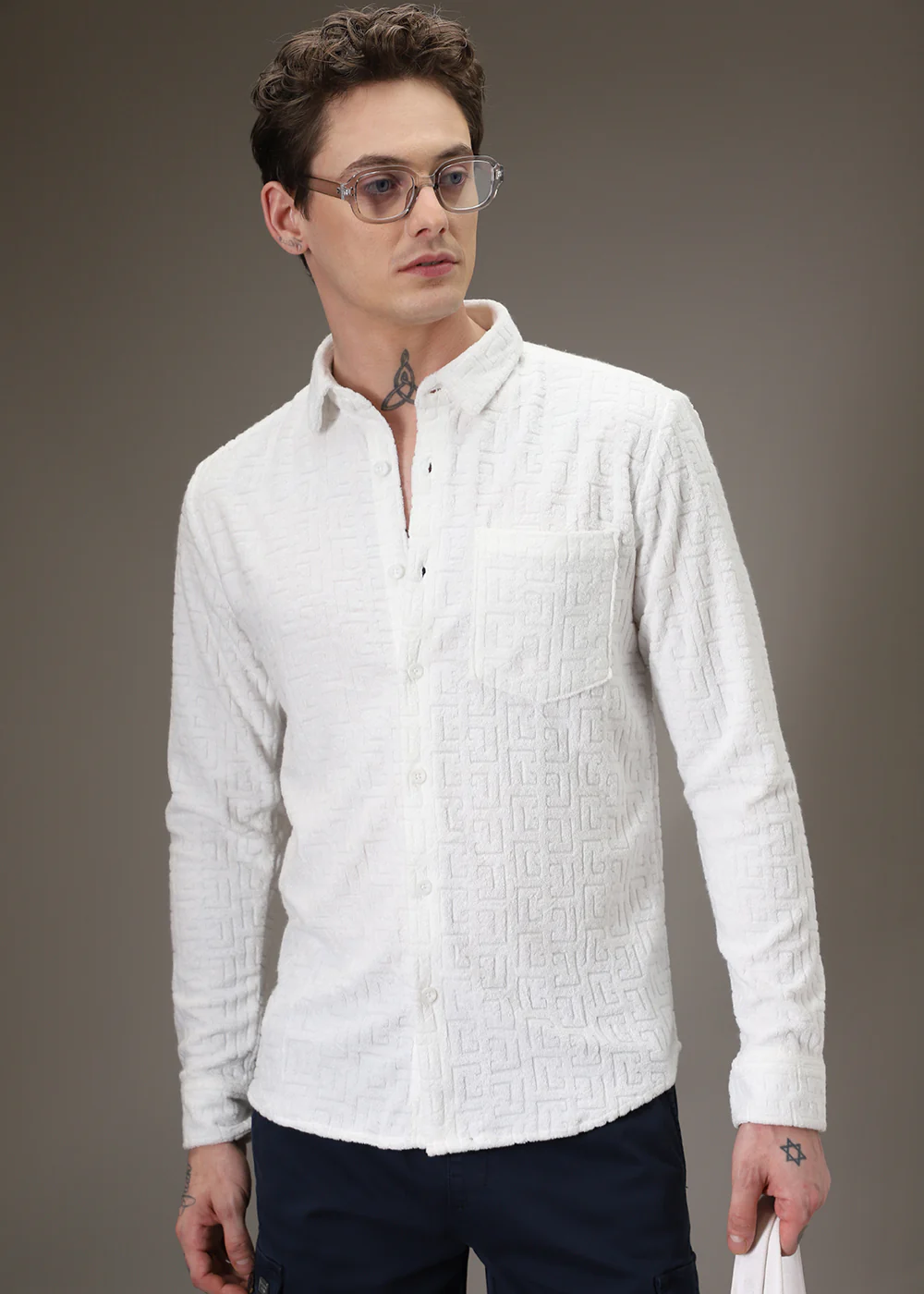White Plain Jacquard Knitted Shirt - Image 6