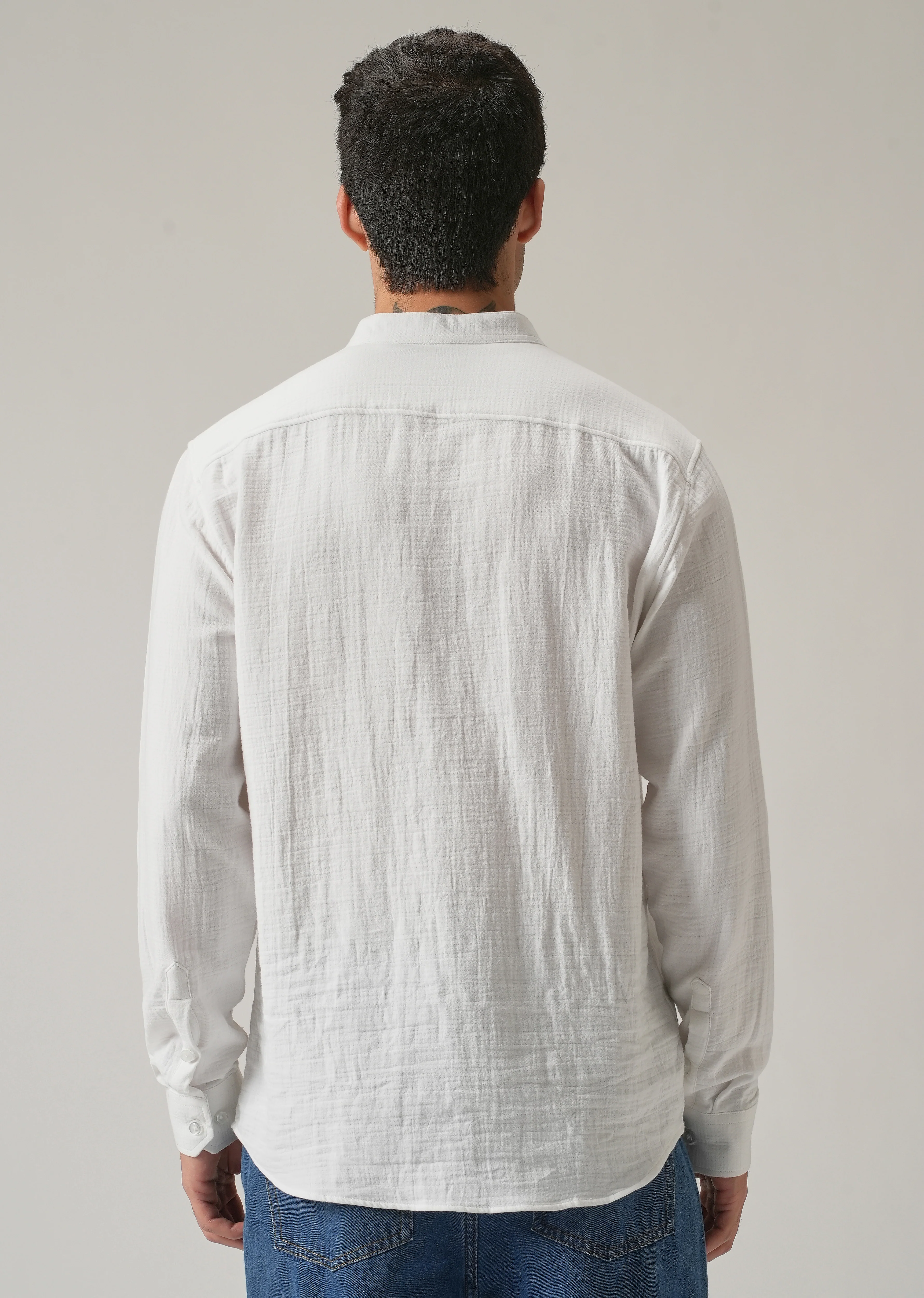 White Plain Mandarin Collar Cotton Shirt - Image 2