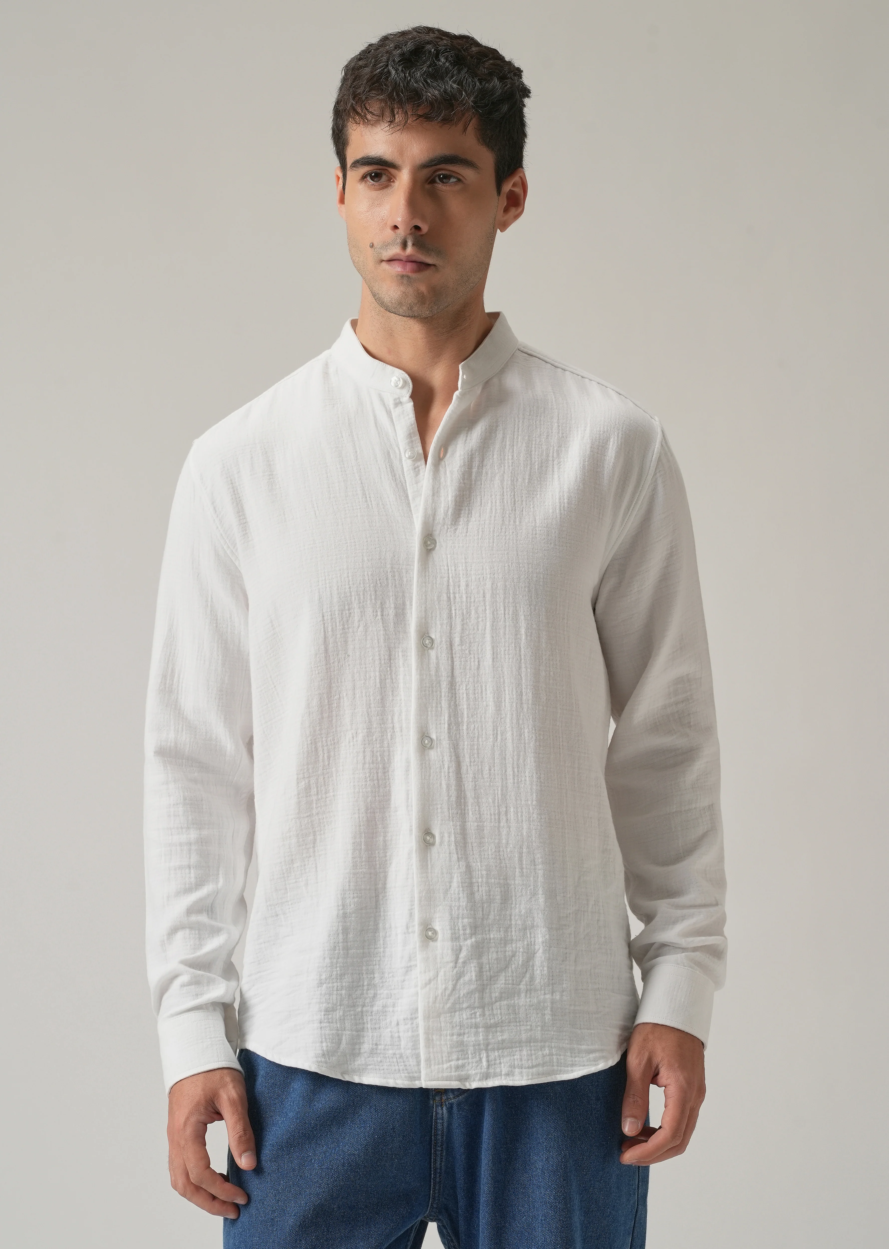 White Plain Mandarin Collar Cotton Shirt - Image 3