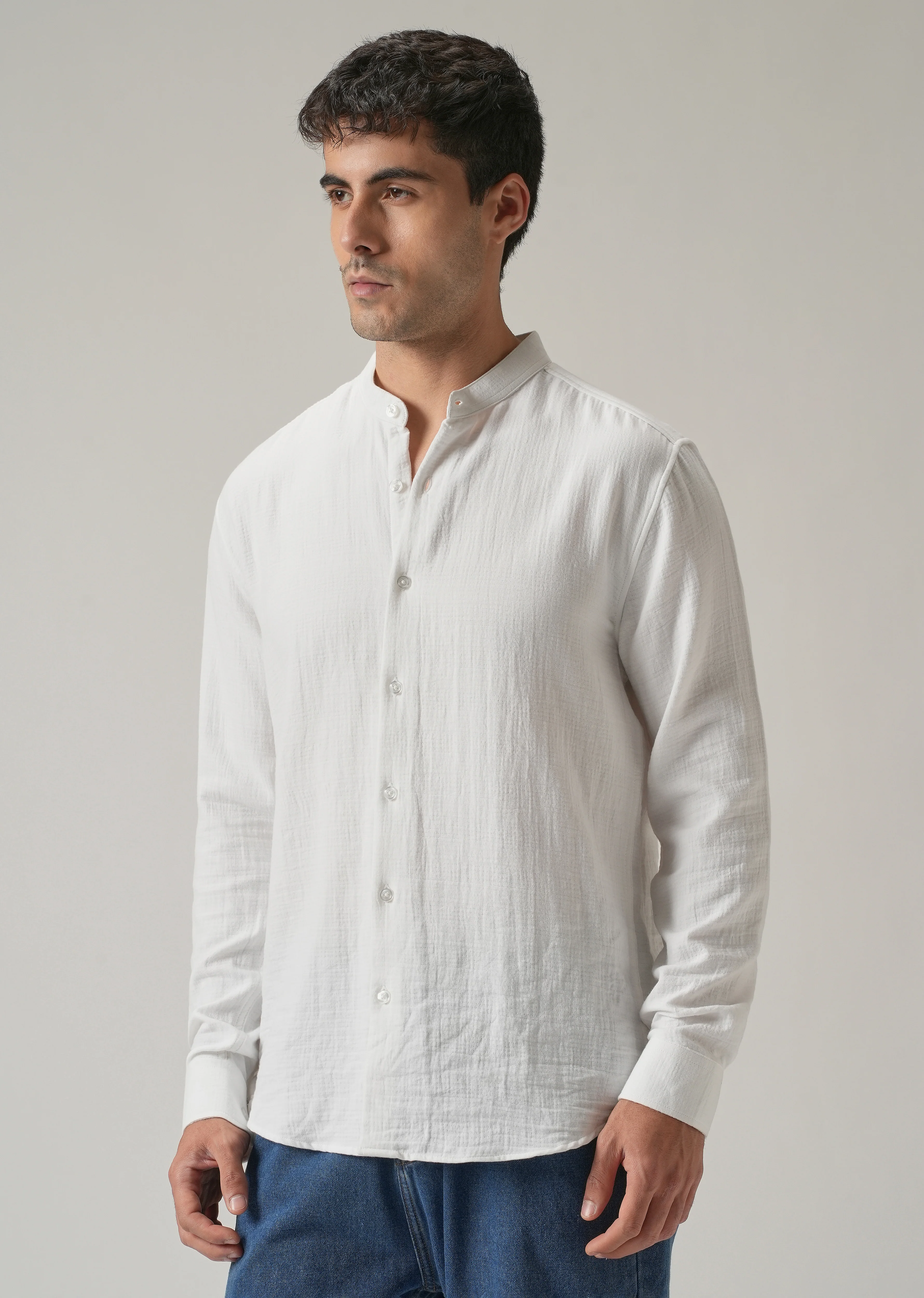 White Plain Mandarin Collar Cotton Shirt - Image 4