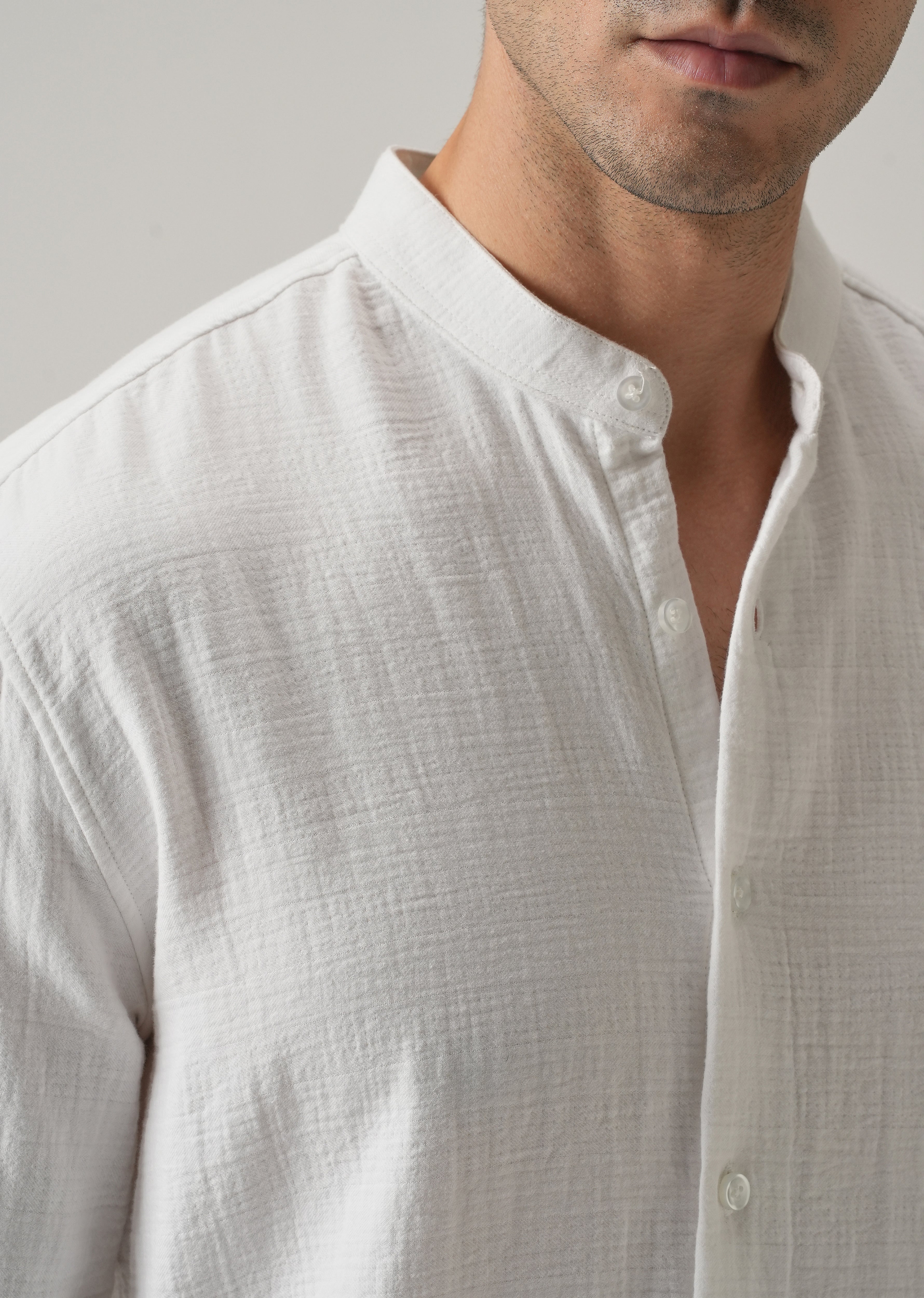 White Plain Mandarin Collar Cotton Shirt - Image 5