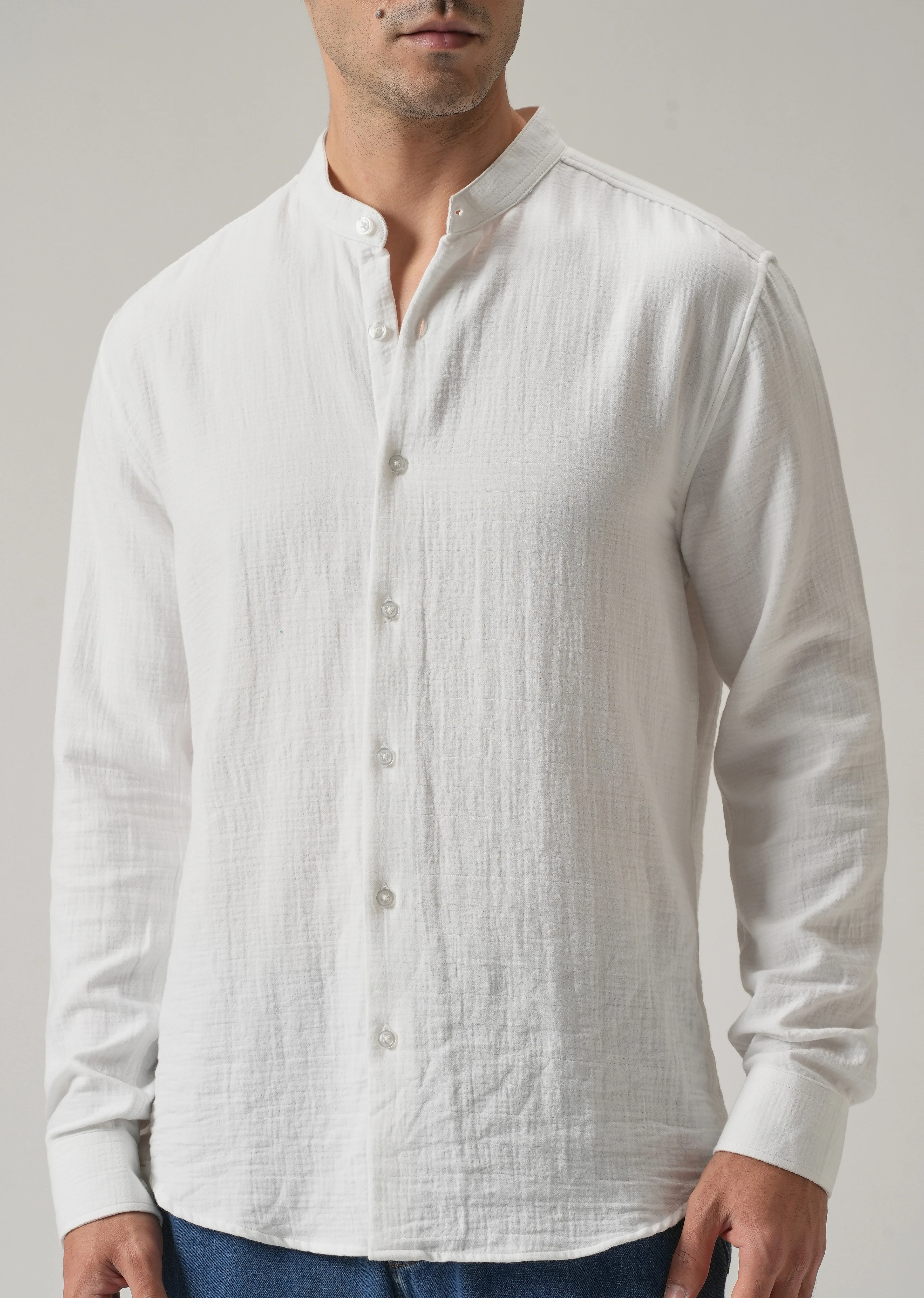 White Plain Mandarin Collar Cotton Shirt - Image 7