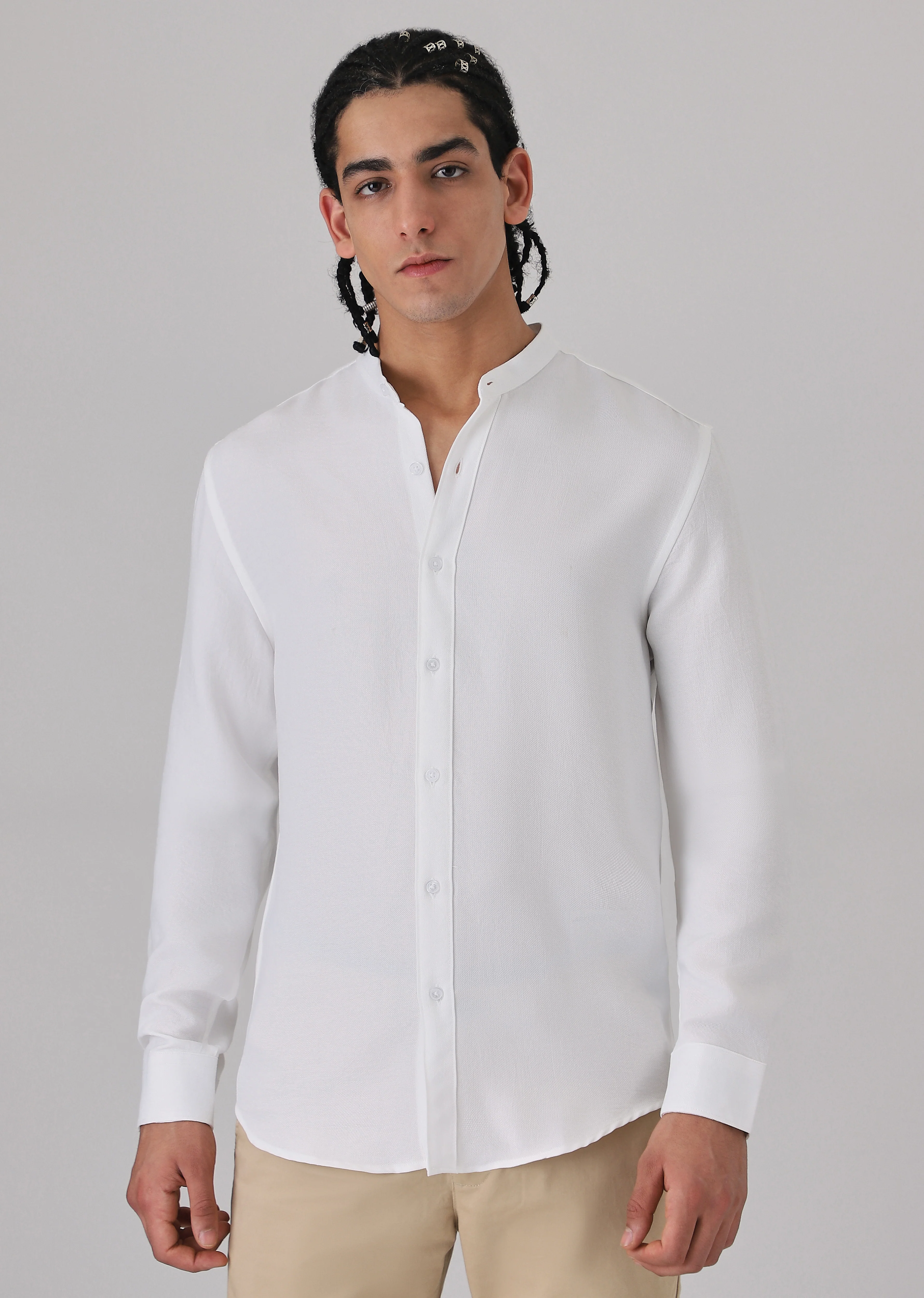 White Plain Mandarin Collar Shirt - Image 2