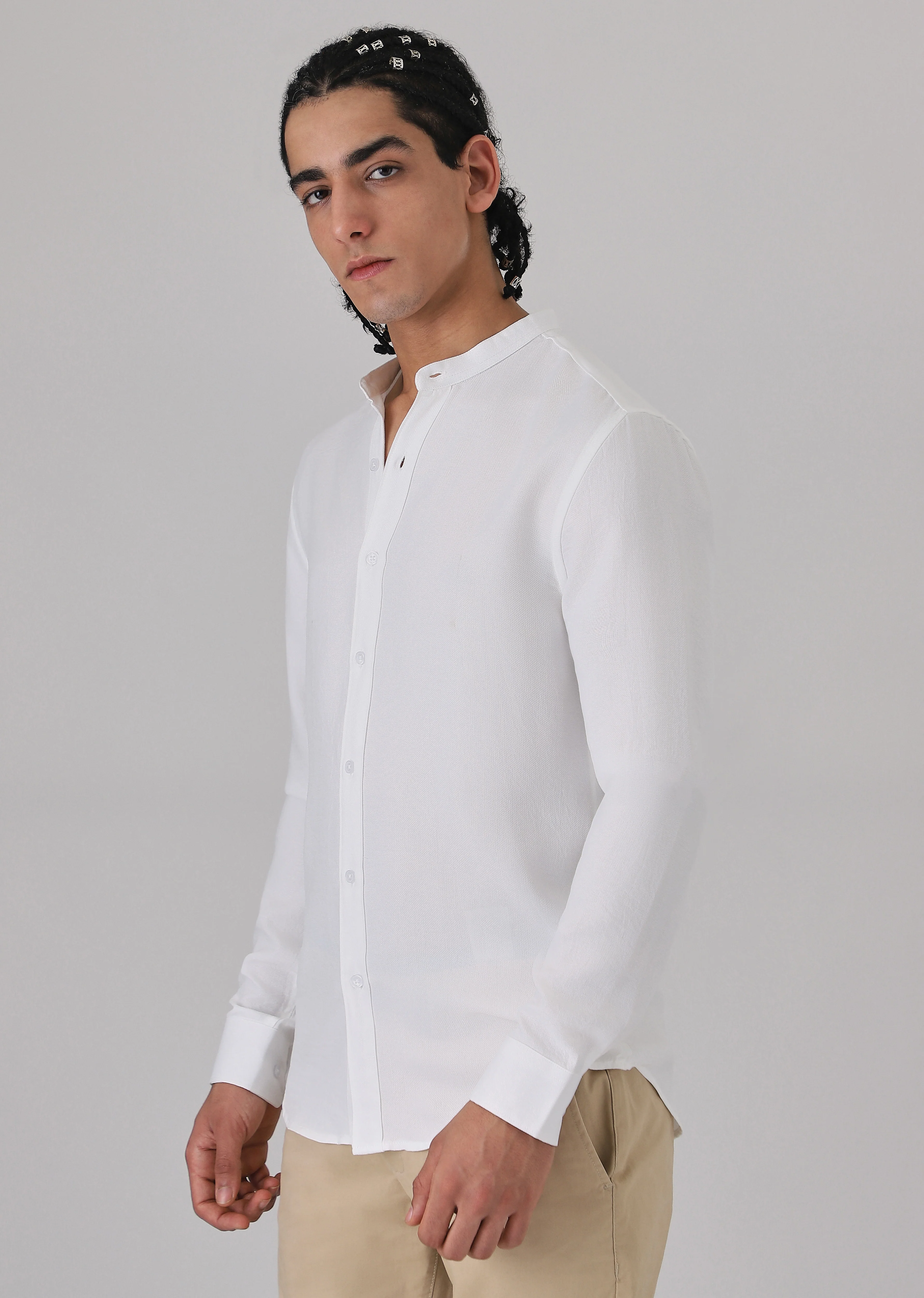 White Plain Mandarin Collar Shirt - Image 4