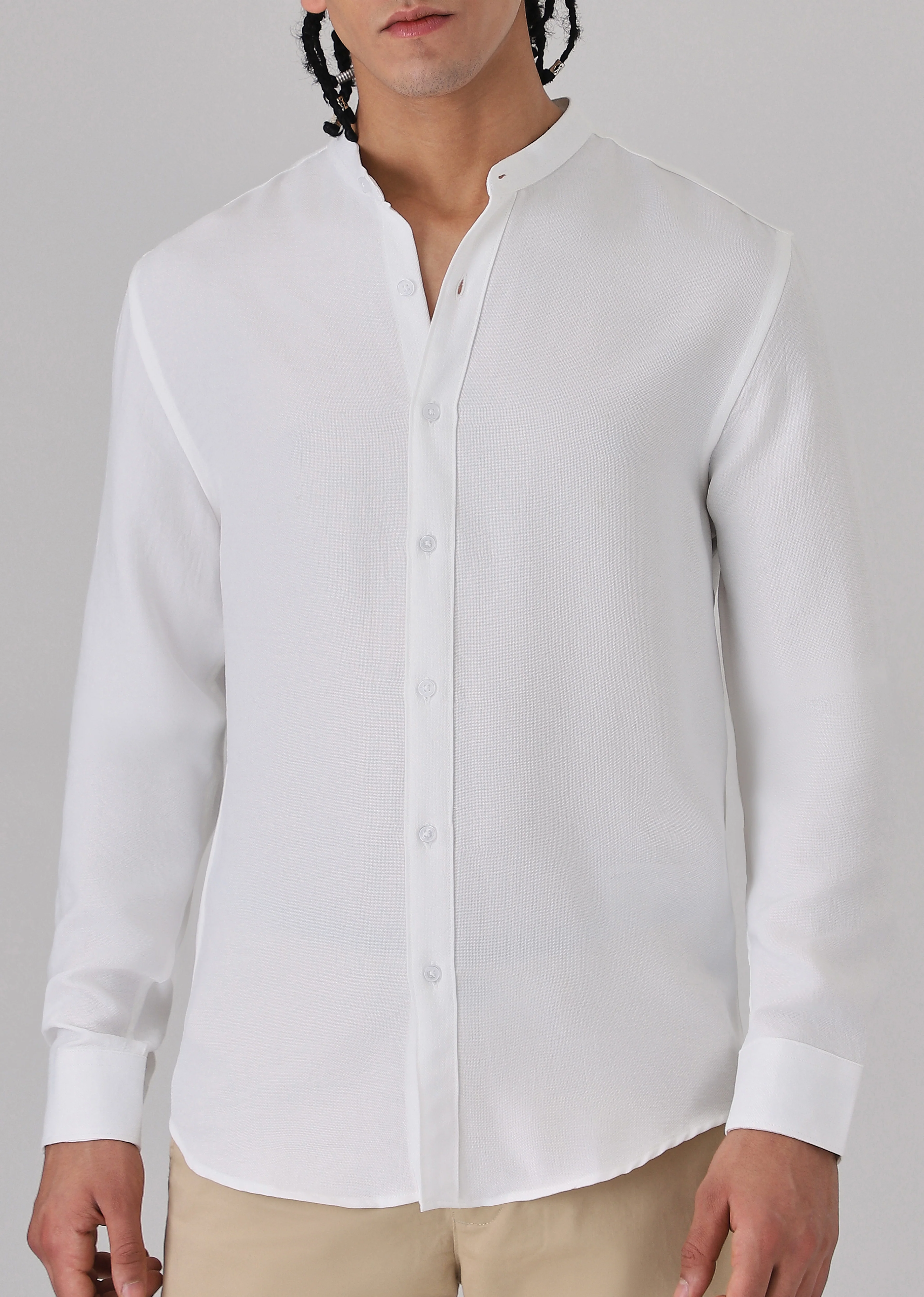 White Plain Mandarin Collar Shirt - Image 7