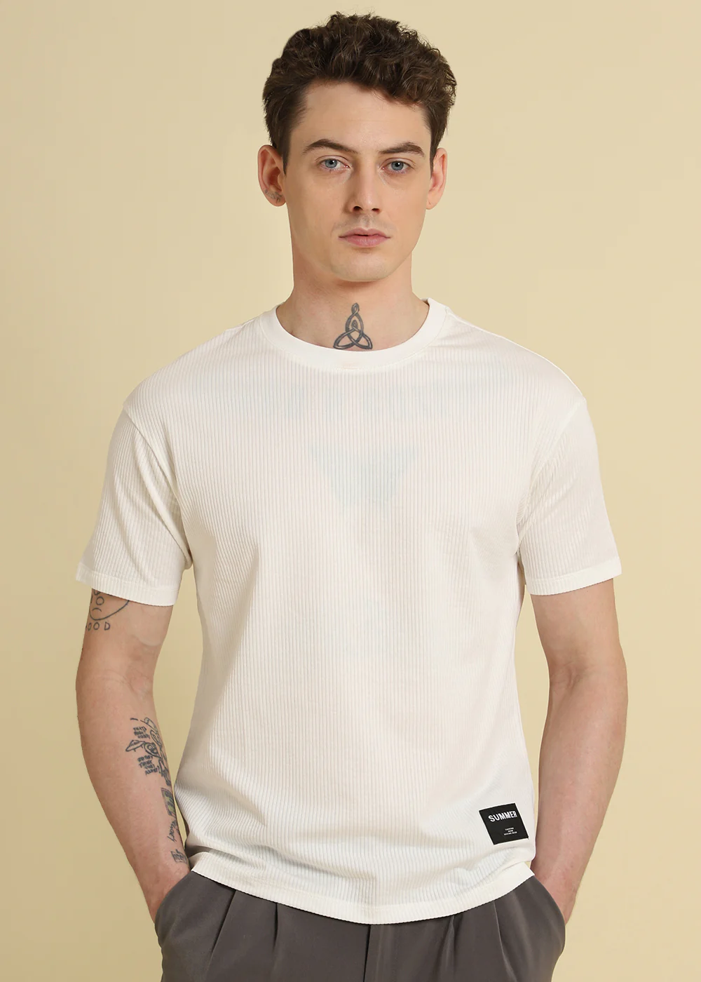 White Plain Ribbed Stripe Regular T-shirt - Image 3