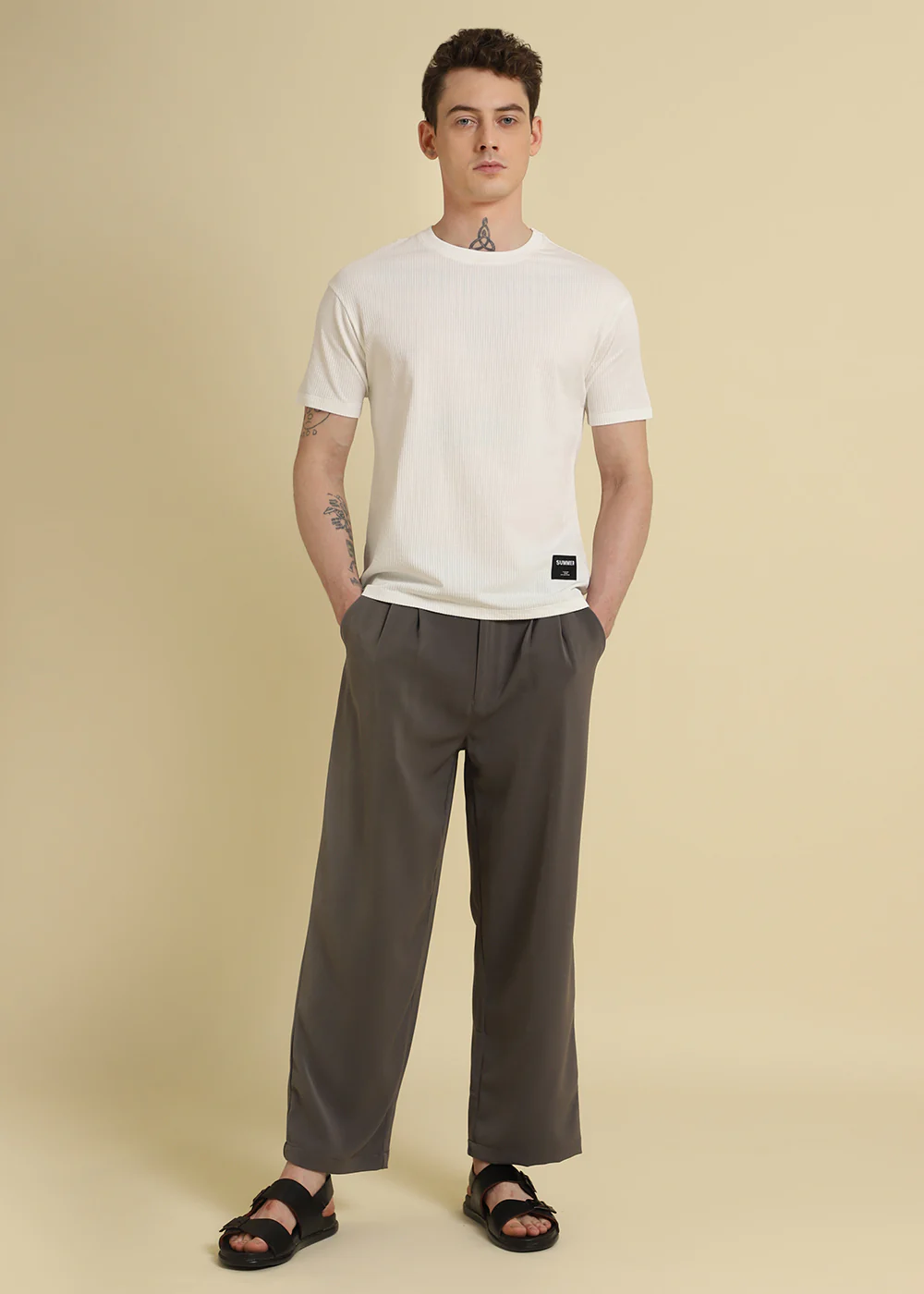 White Plain Ribbed Stripe Regular T-shirt - Image 9