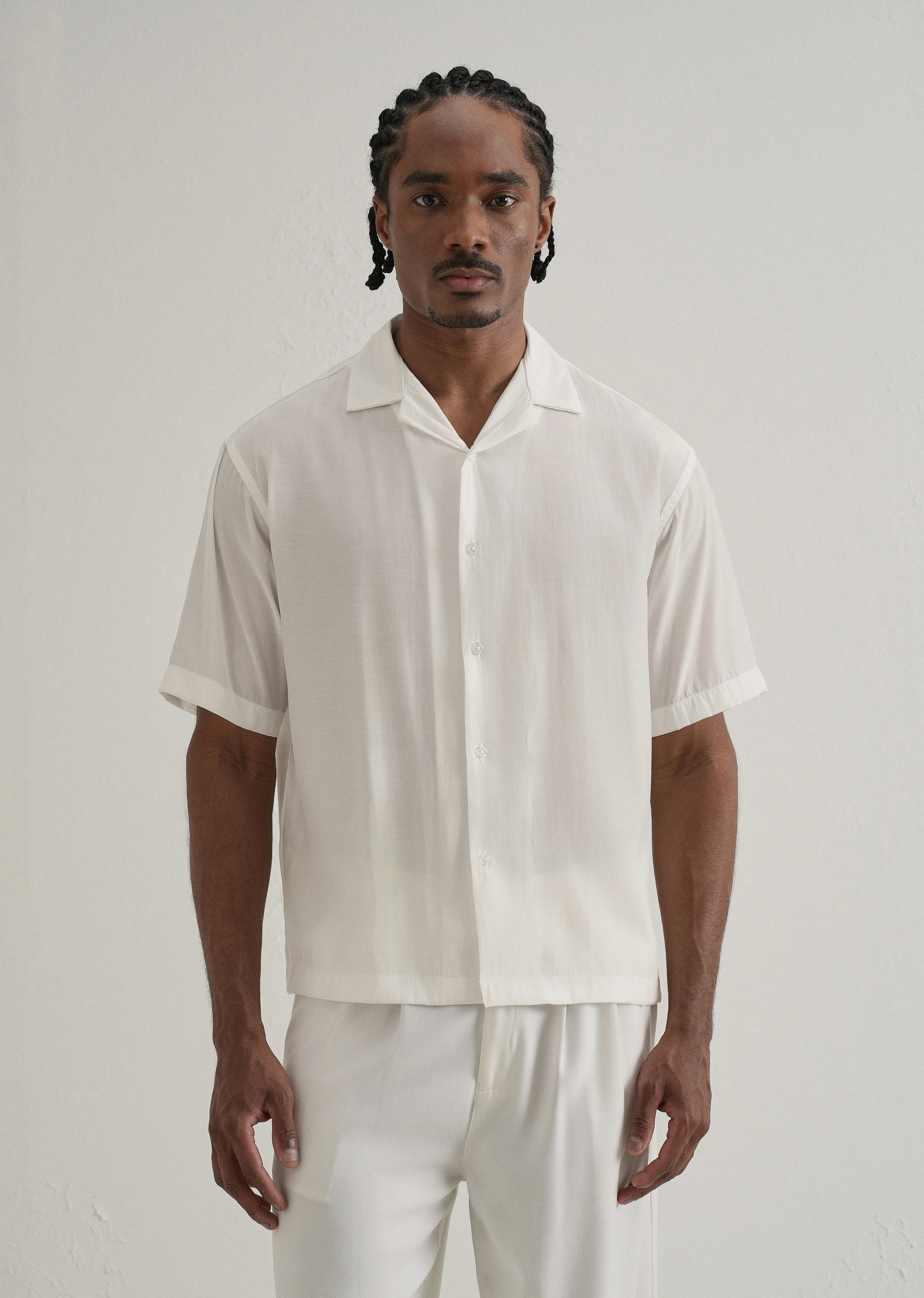 White Plain Sheen Cuban Collar Shirt - Image 3