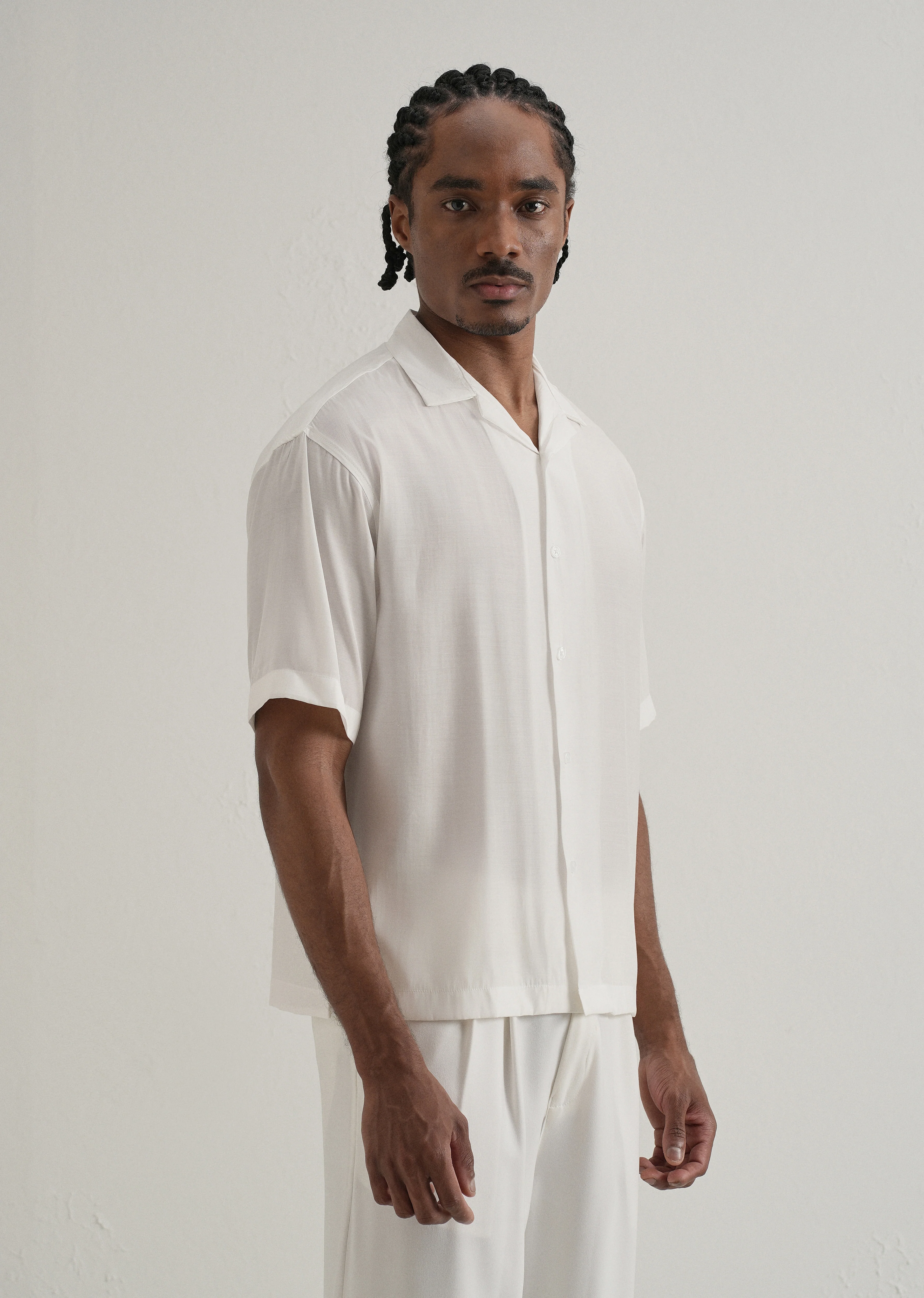 White Plain Sheen Cuban Collar Shirt - Image 4