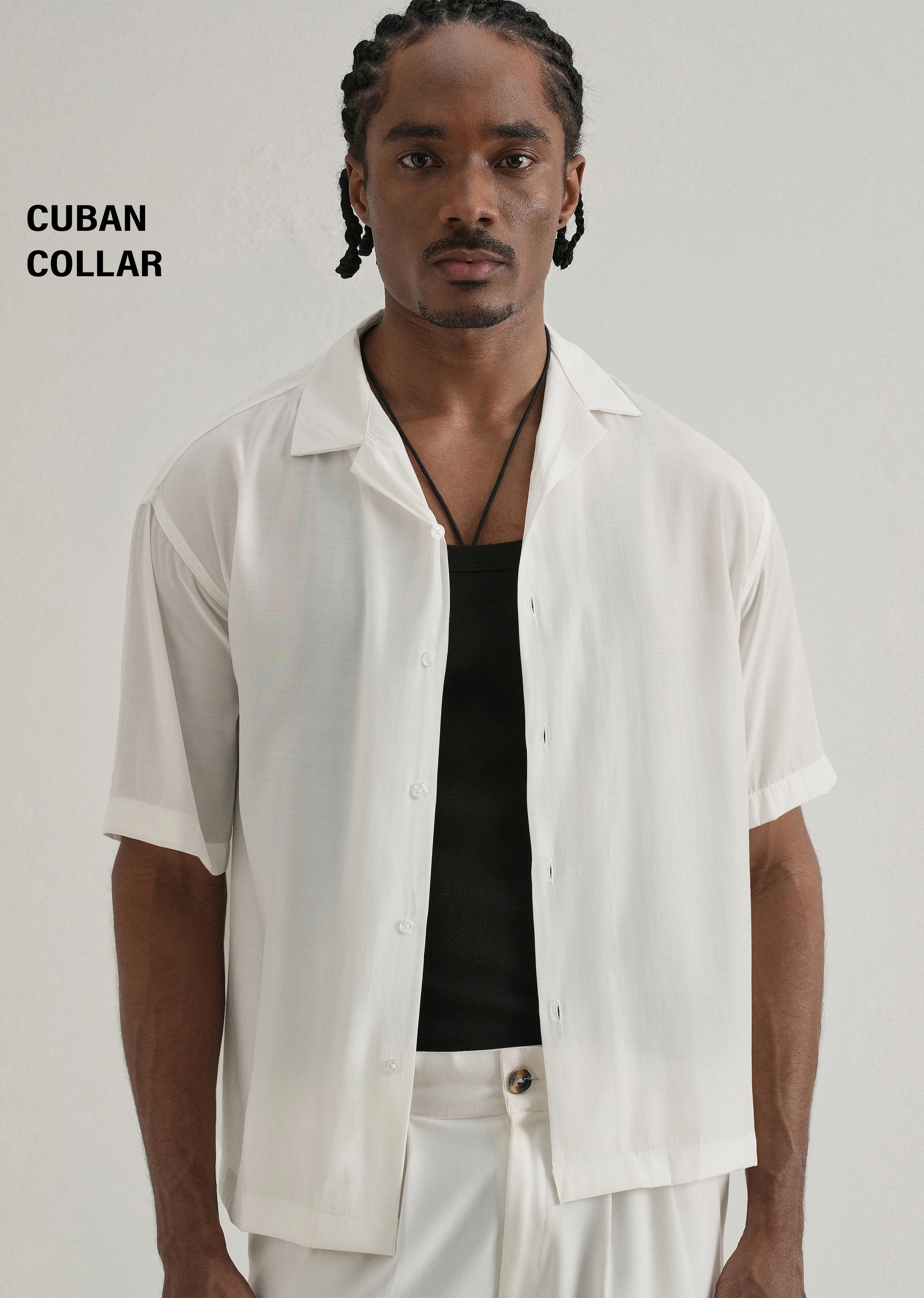 White Plain Sheen Cuban Collar Shirt - Image 7