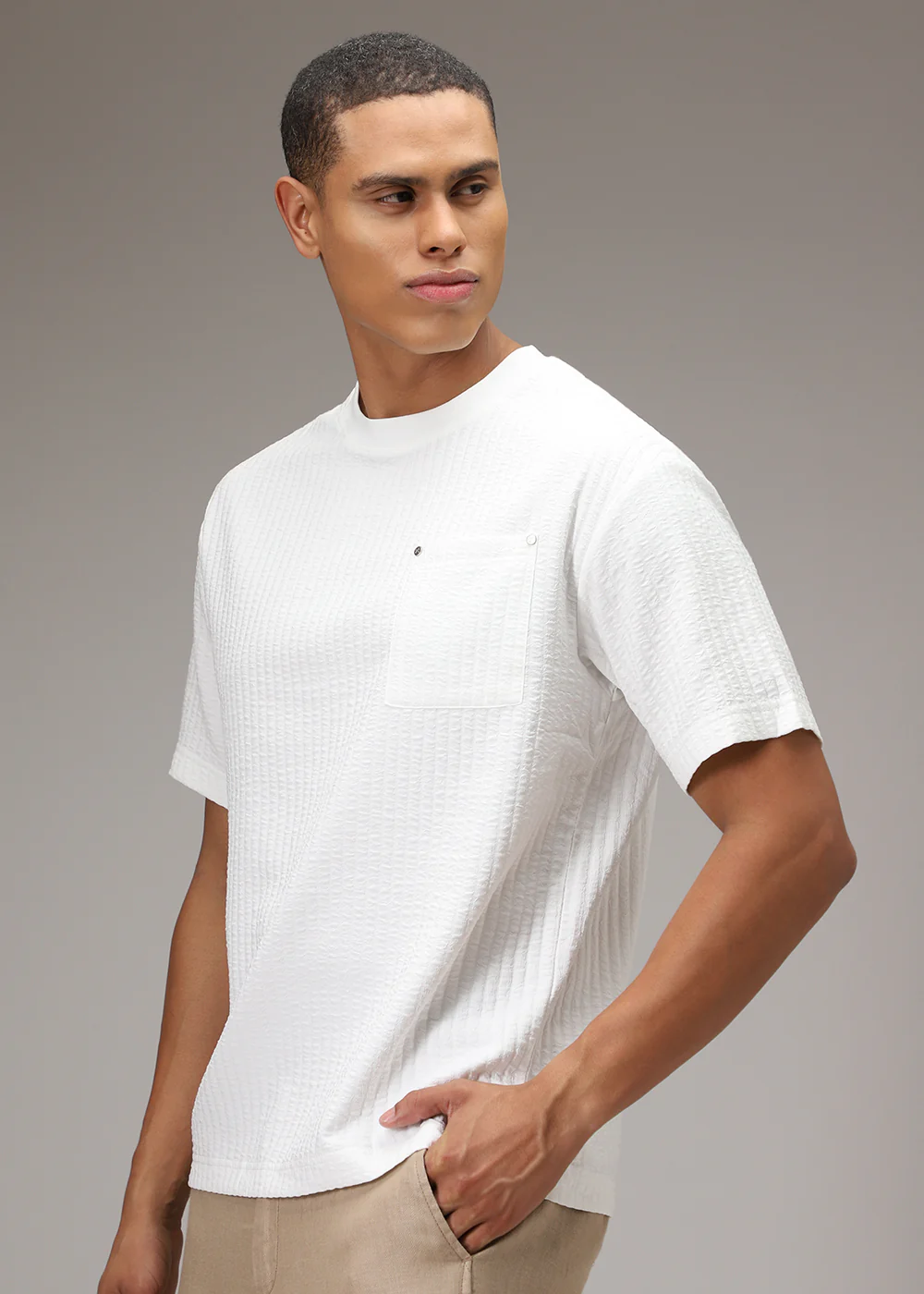 White Plain Textured Oversized T-shirt - Image 5
